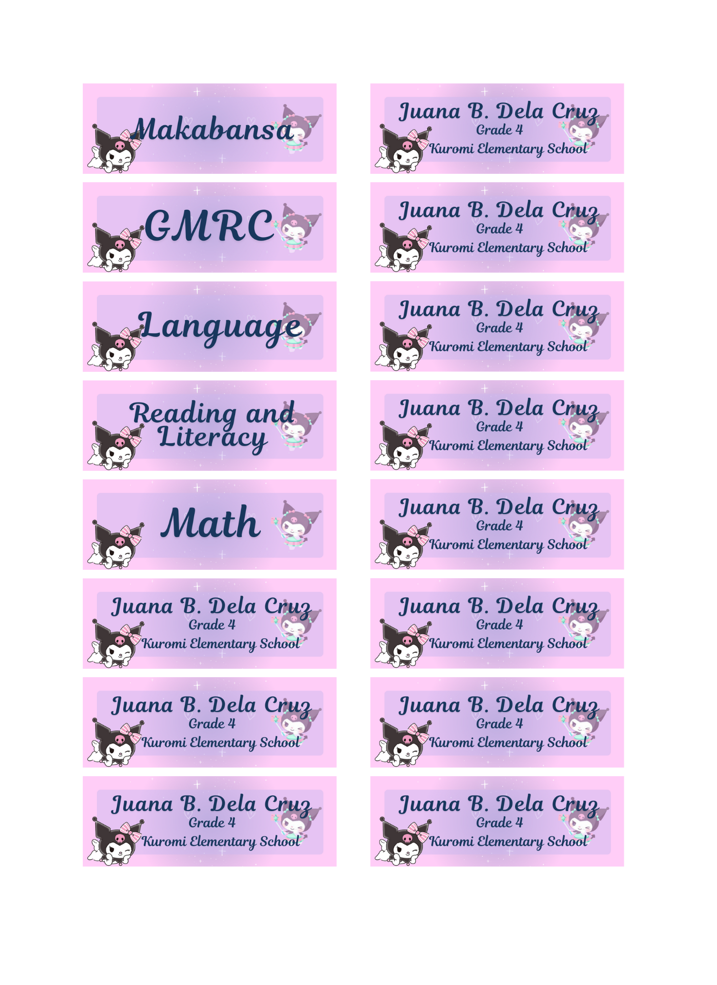 Kuromi Theme Notebook Label Sticker Matatag Curriculum For Grade 1 to ...