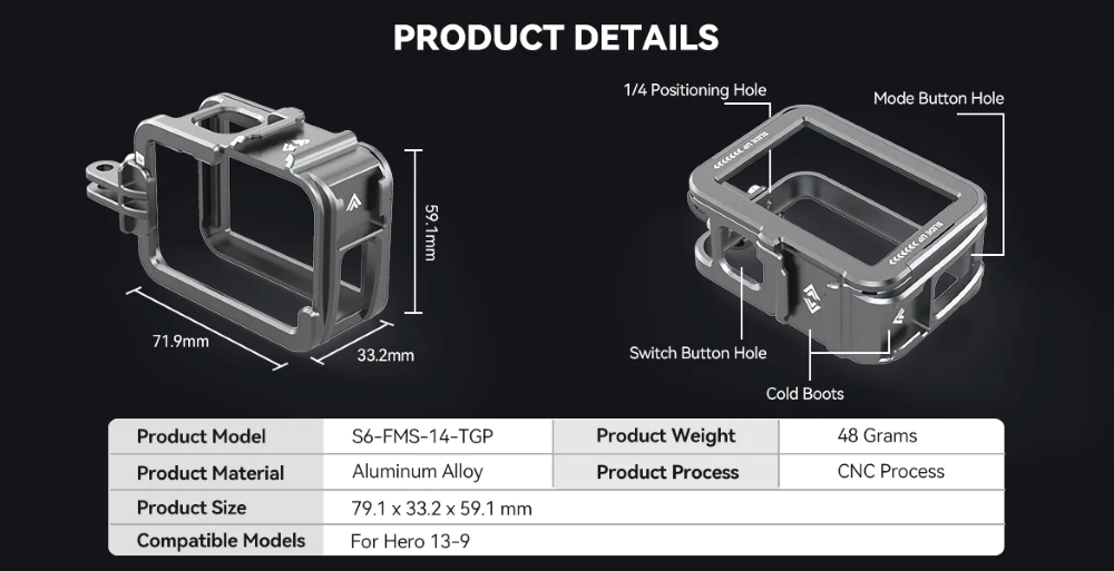 TELESIN Aluminum Vertical Full Cage Rabbit Frame GoPro Hero 13, 12, 11 ...