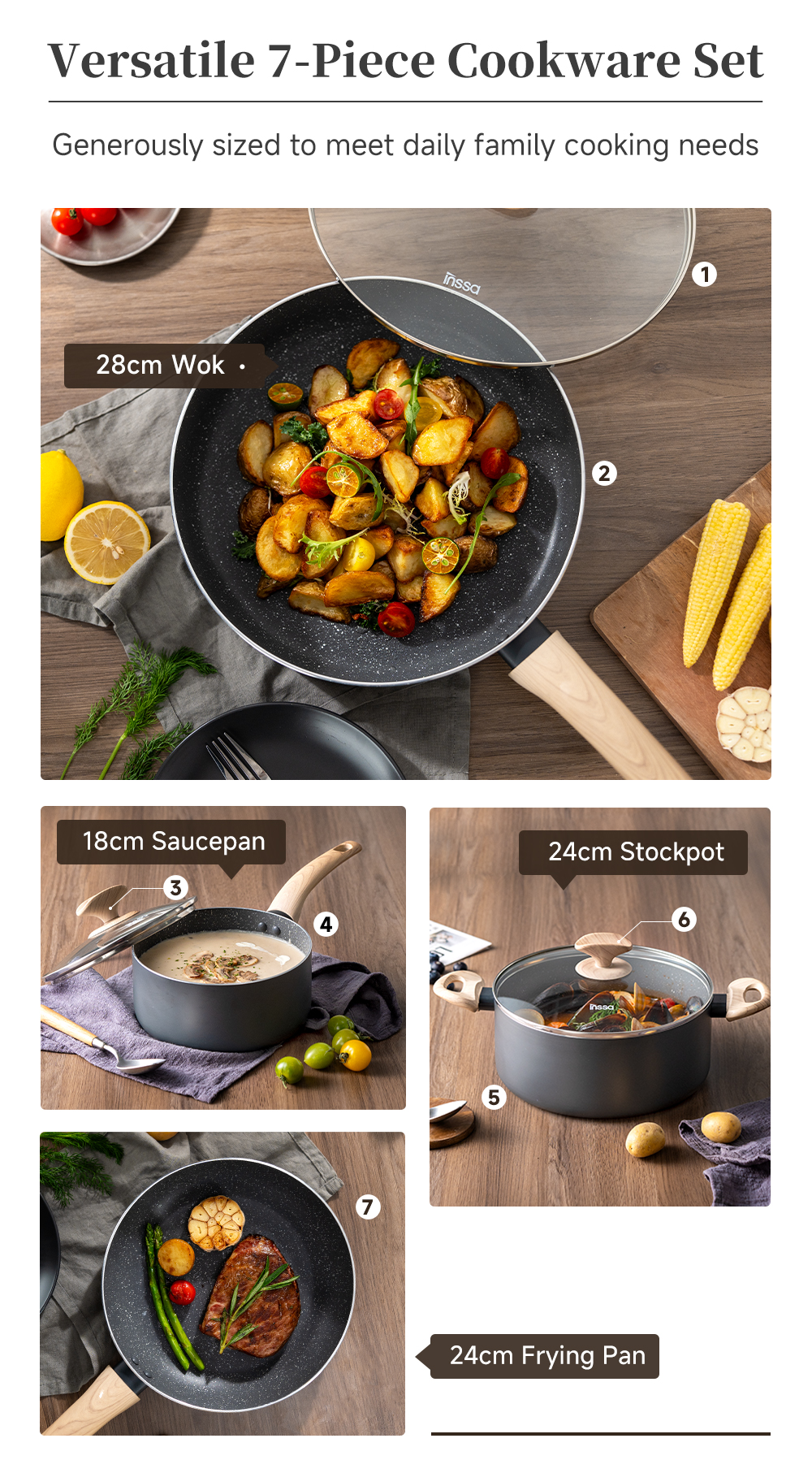 INSSA Blackcurrant Series Non Stick Cookware 4pcs Set Pan Pot Wok ...