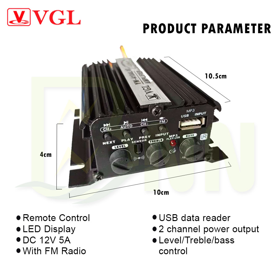 VGL 2 Channel Car Stereo Amplifier Bluetooth DC 12V FM Radio USB SD MIC ...
