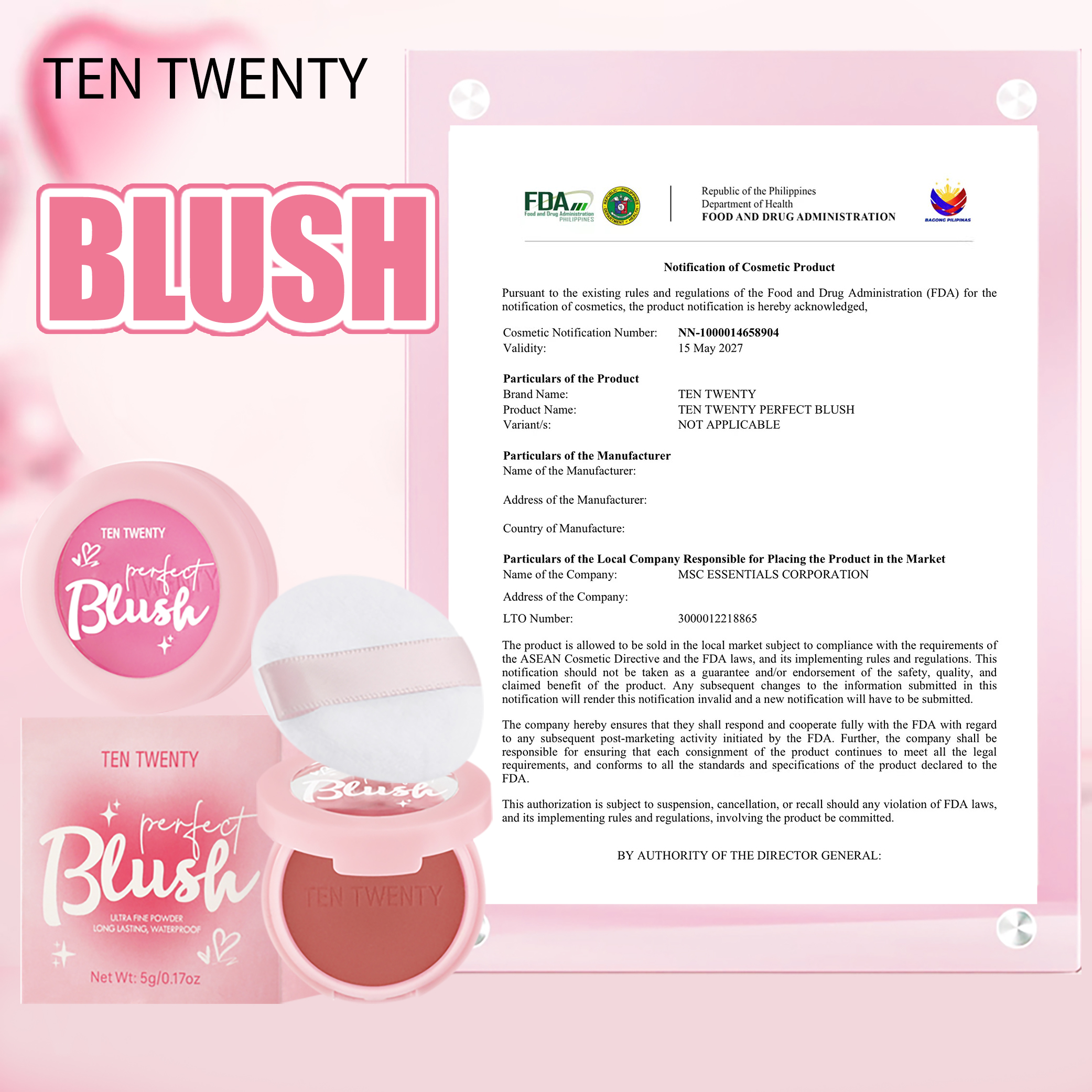 TEN TWENTY Waterproof Blush Powder Natural Pigmented Matte Highlight ...