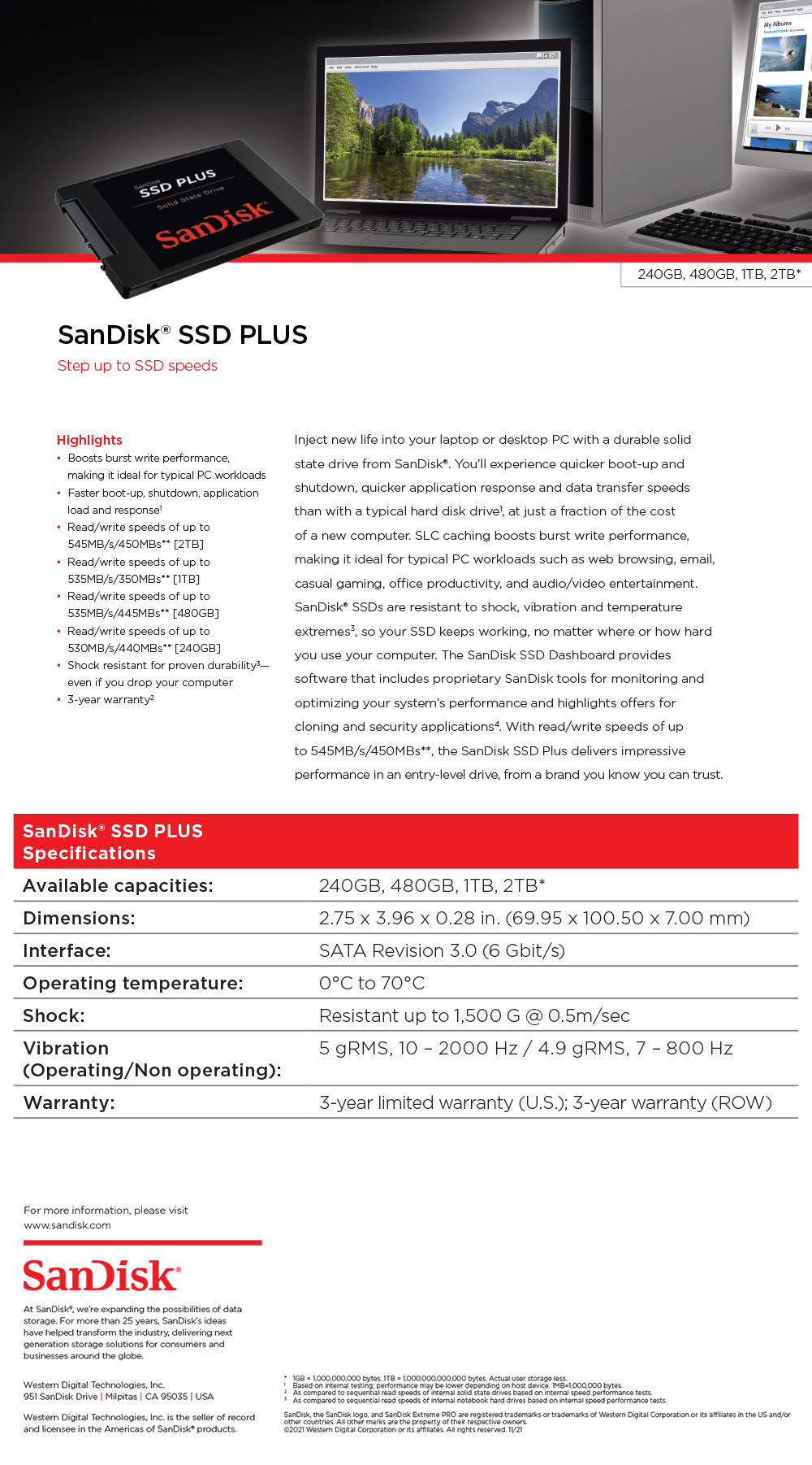 SanDisk SSD PLUS 1 TB Sata III Interno Da 2.5 Pollici - Lettura Fino A 535 MB/s - Nero