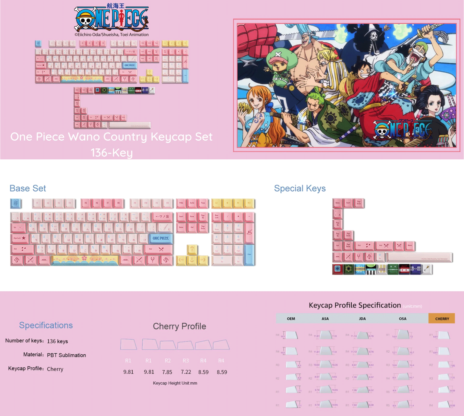 Akko One Piece Wano Country Keycap Set Cherry Profile 136 Keys | Shopee ...