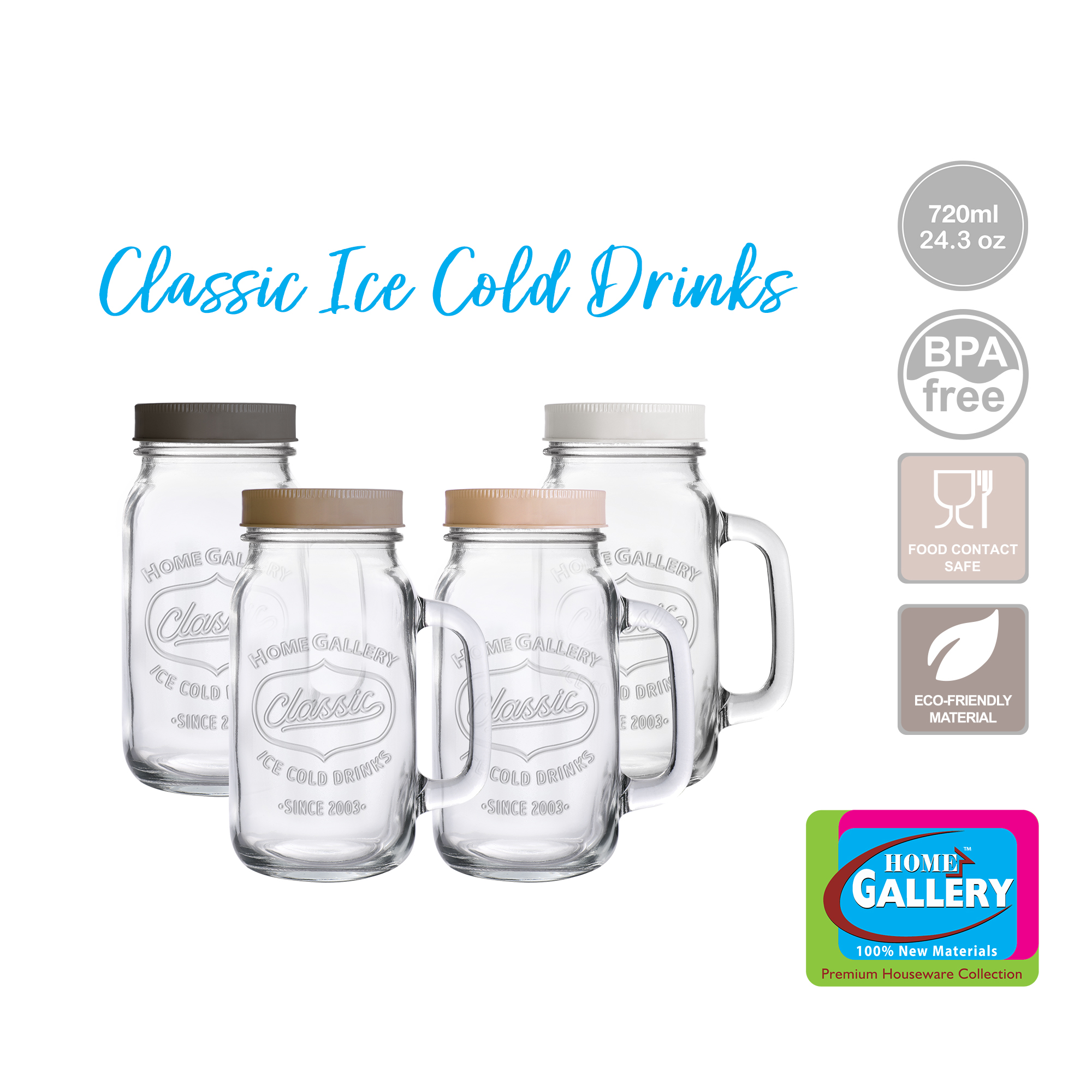 Home Gallery Mason Jar w/ Lid 450ml ,720ml 24.3oz 4pcs 100% Food ...