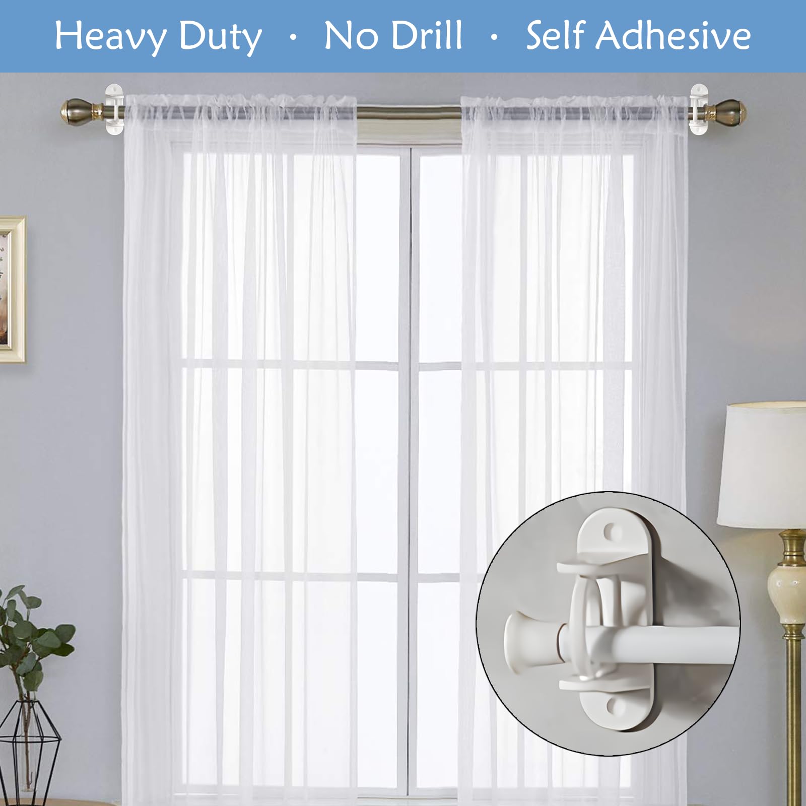 2Pcs Rotating Curtain Rod Holder Clamp Hooks Self Adhesive Clothes Rail ...