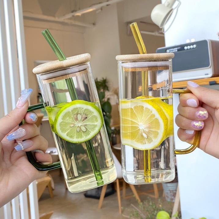 Ulife 400ml Square Glass Drinking Cup with Handle Bamboo Lid and ...