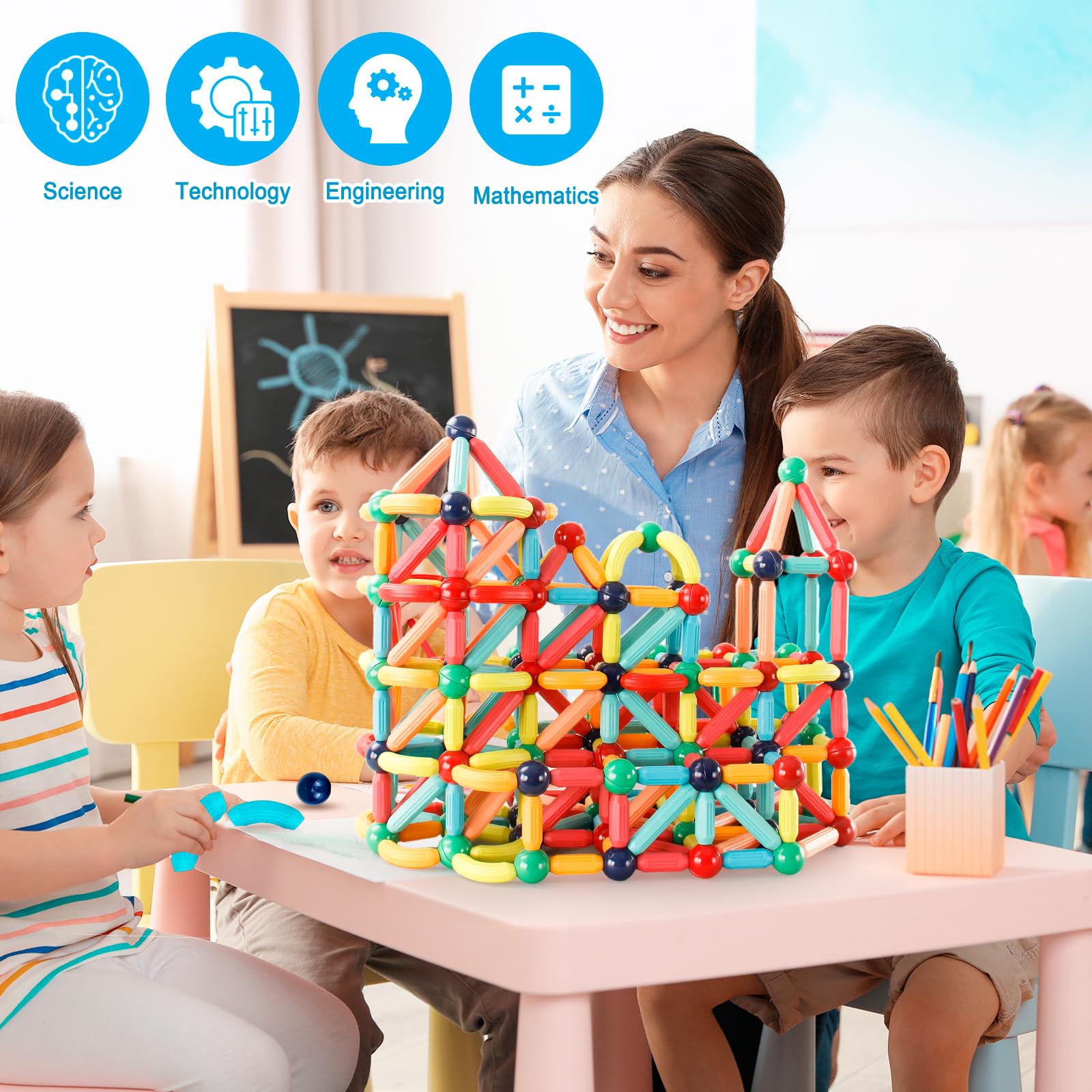 Timi 84Pcs Magnetic Blocks Toy Kids Magnetic Stick Balls 3D Geometric ...