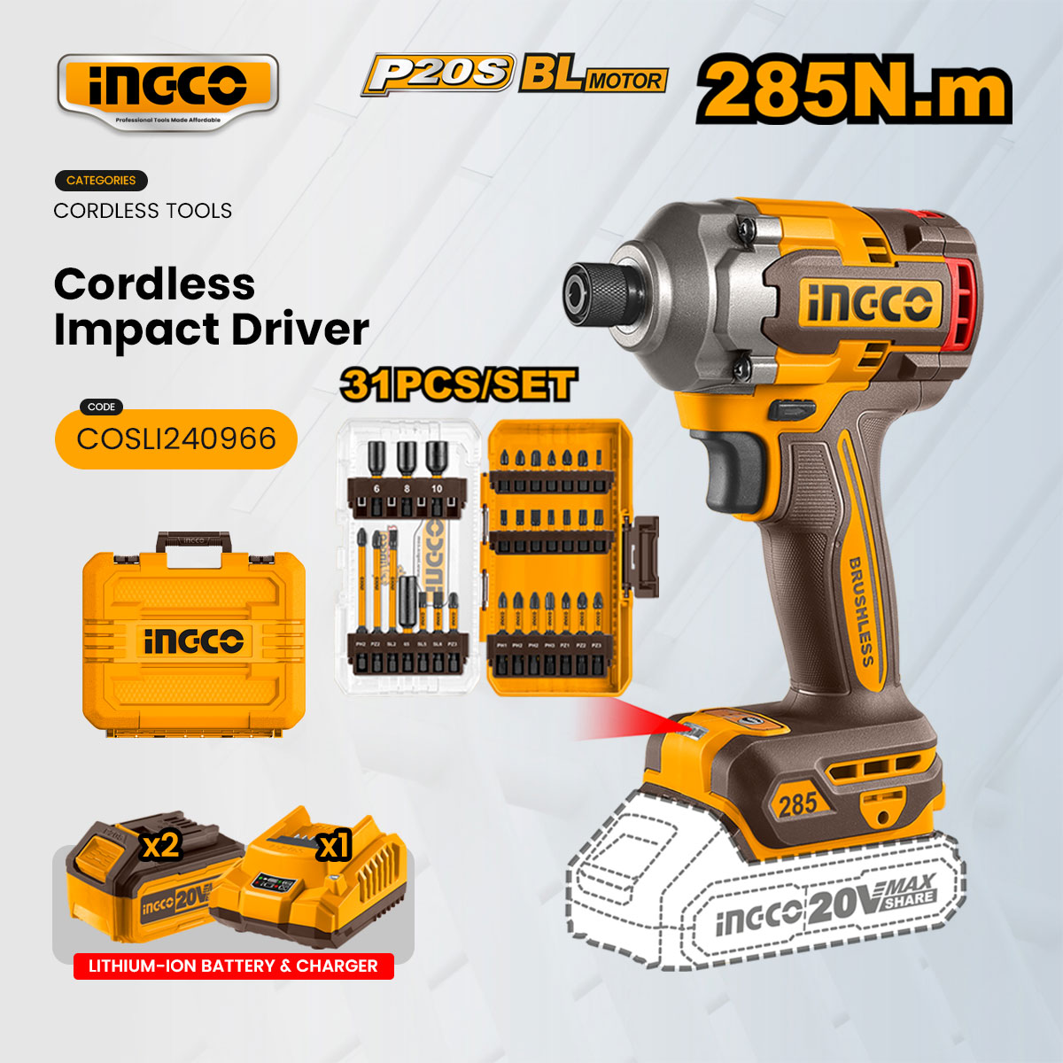 Ingco 285Nm 20V Brushless Cordless Impact Driver w/ 31pcs Bits Set ...