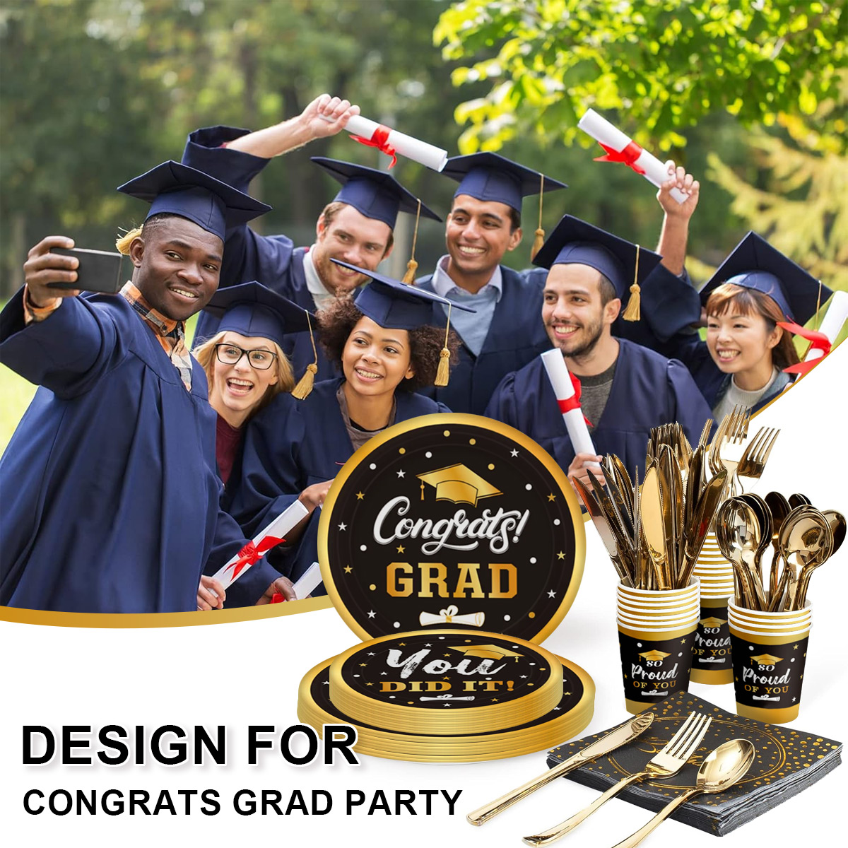 Graduation Decoration Tableware Set Black Gold Paper Plates Cups ...