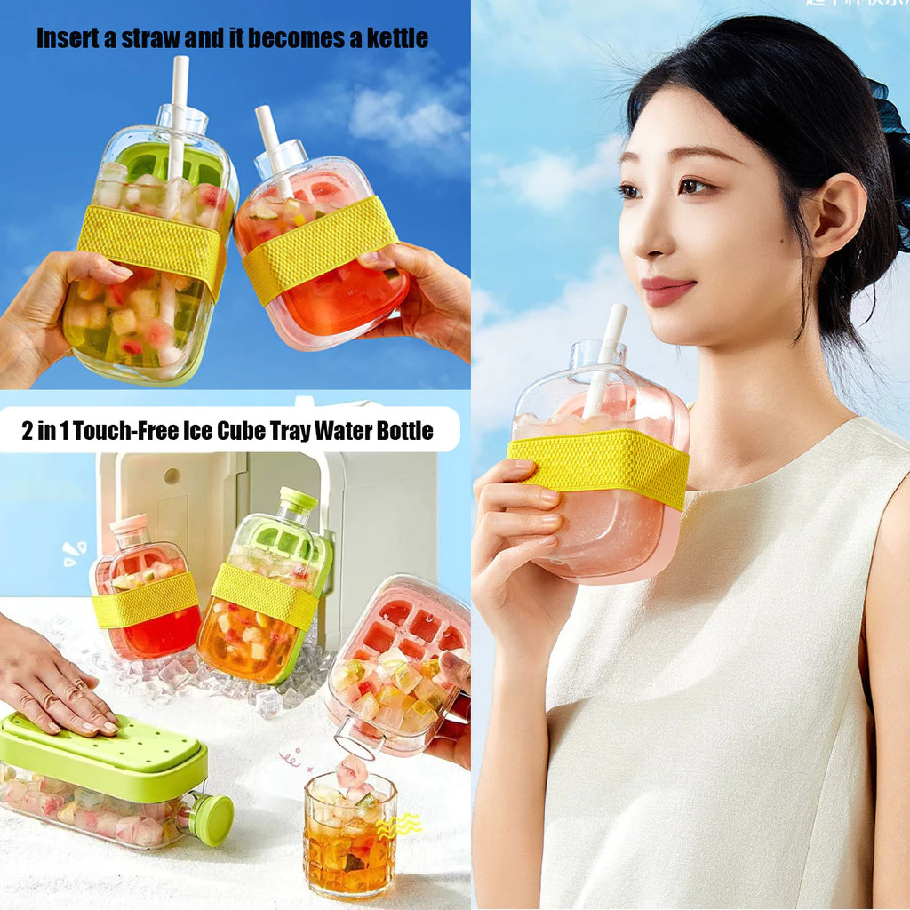 Ice Cube Bottle 2 in 1 Touch-Free Ice Cube Tray Water Bottle with Lid ...