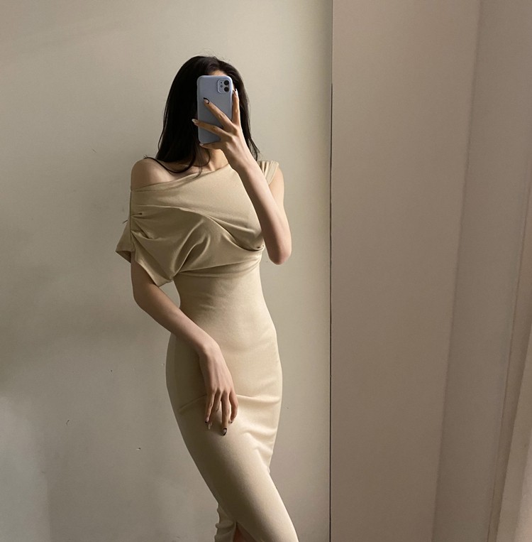 Newlan QZ070 Round Neck Bodycon Dress Off Shoulder Fitted Long Dress ...