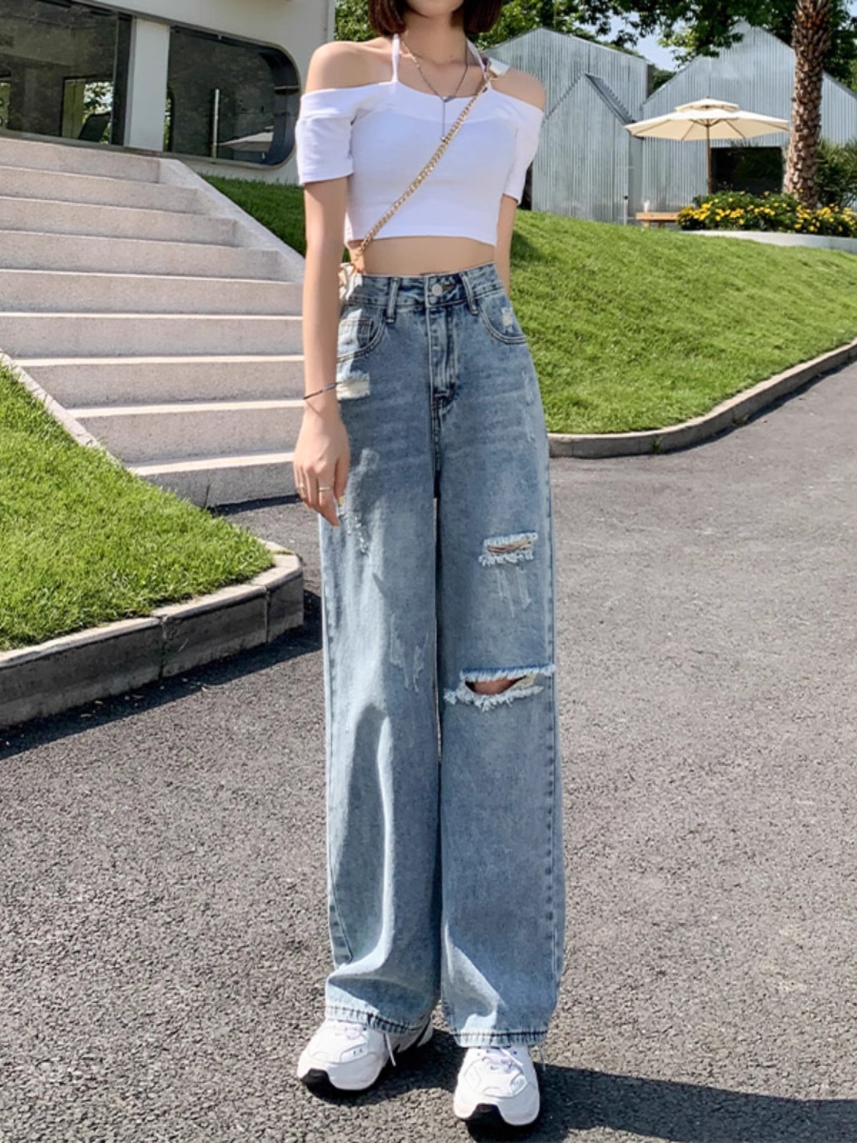 S-5XL~Long Ripped jeans blue denim straight wideleg loose Korean ...