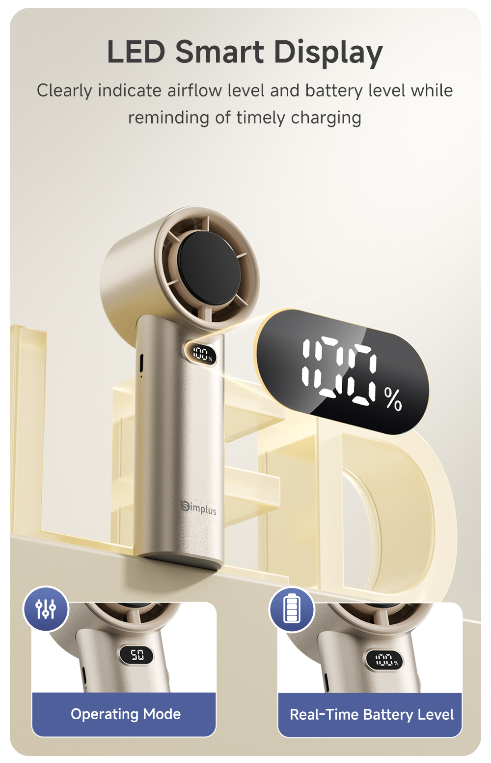 Simplus Handheld Mini Fan 10m/s High Speed 100 Stepless Speeds 15h ...