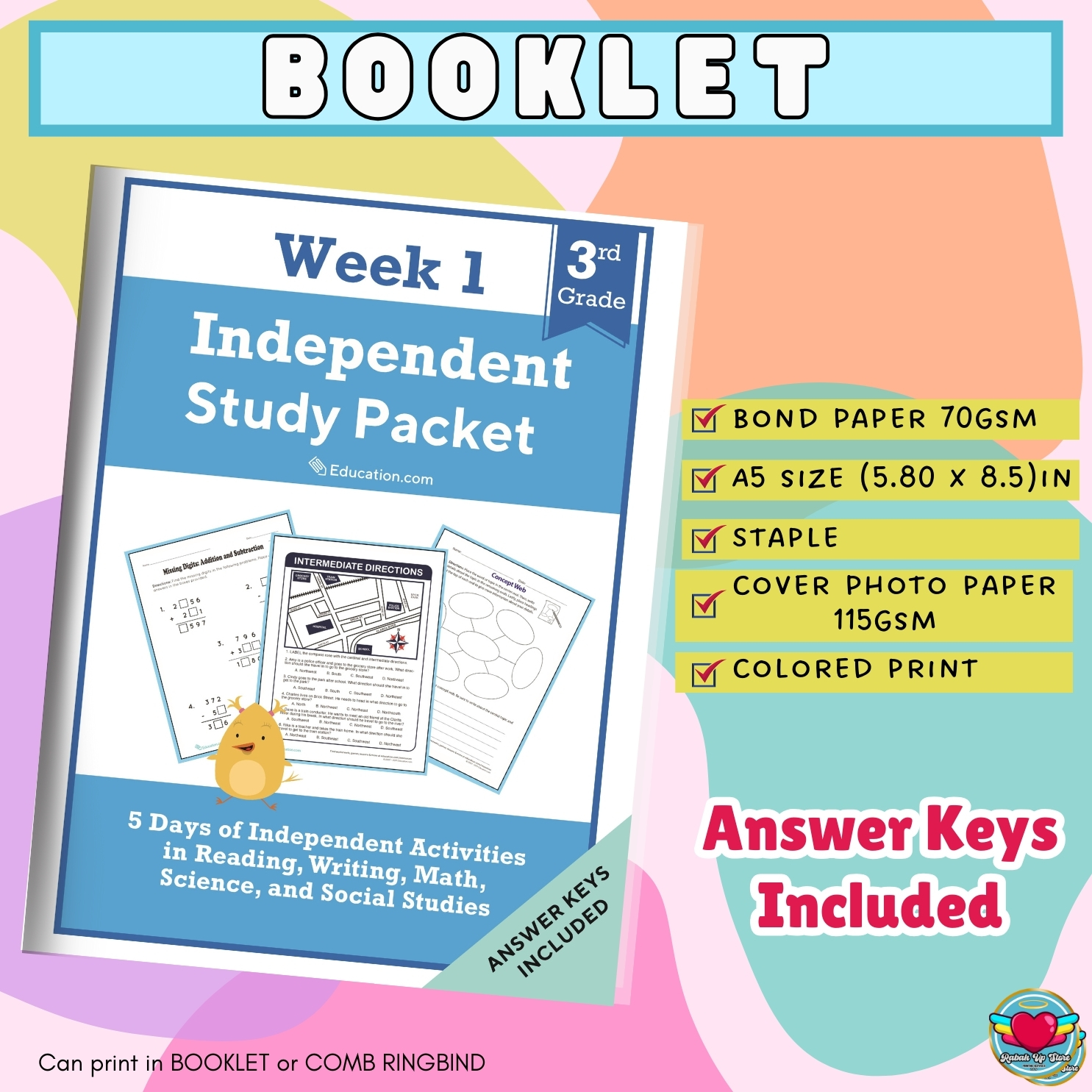 GRADE 3 Independent Study Pack Worksheet/Workbook HomeSchool Learning ...