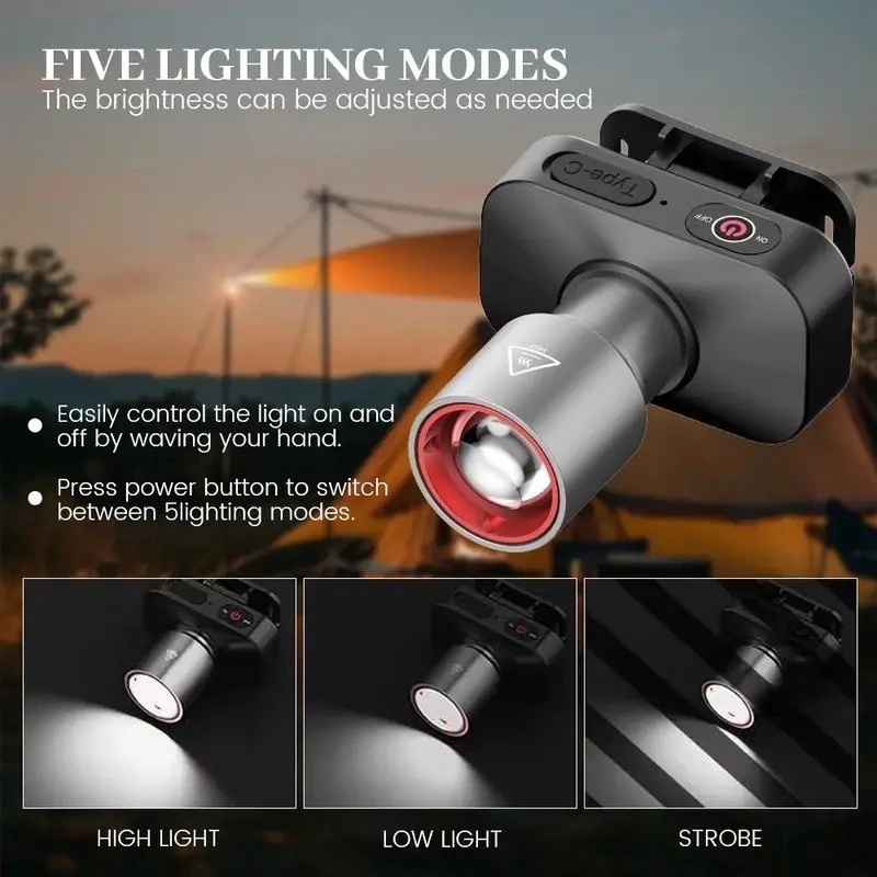 Headlight Flashlight Rechargeable Waterproof Zoomable Induction ...