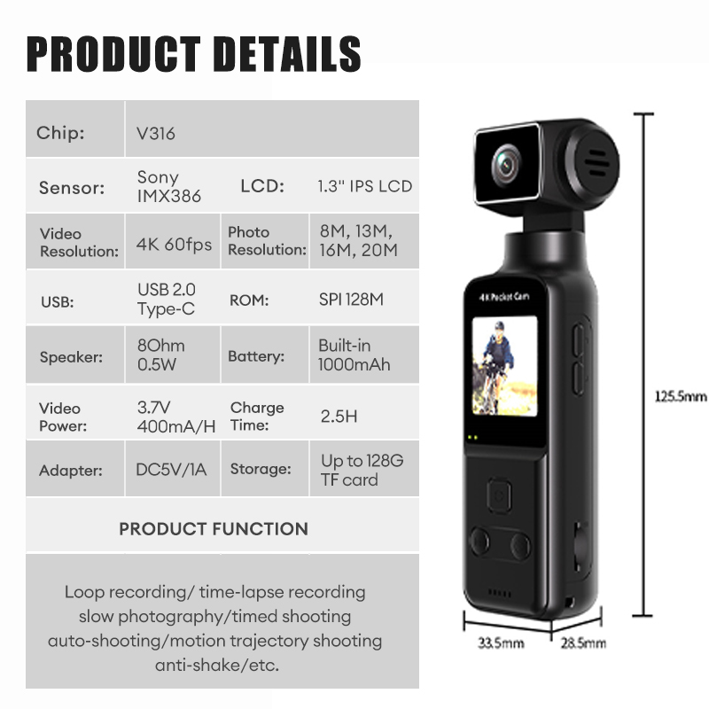 4K Ultra HD Pocket Action Camera 1.33 Inch Anti Shake 270° Rotation ...
