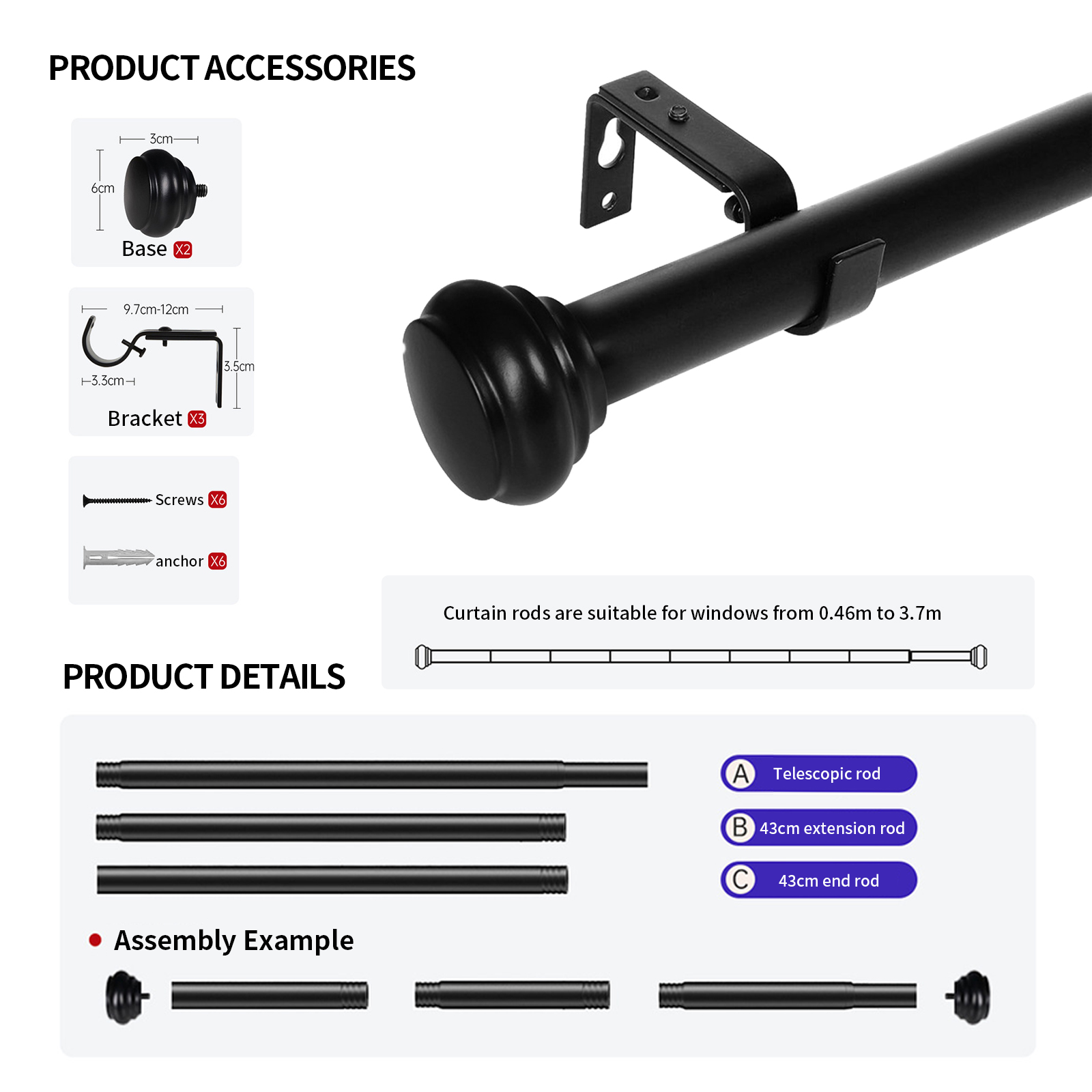 18-144 inch Curtain rod Extendable Adjustable Modern Curtain Rod Shower ...