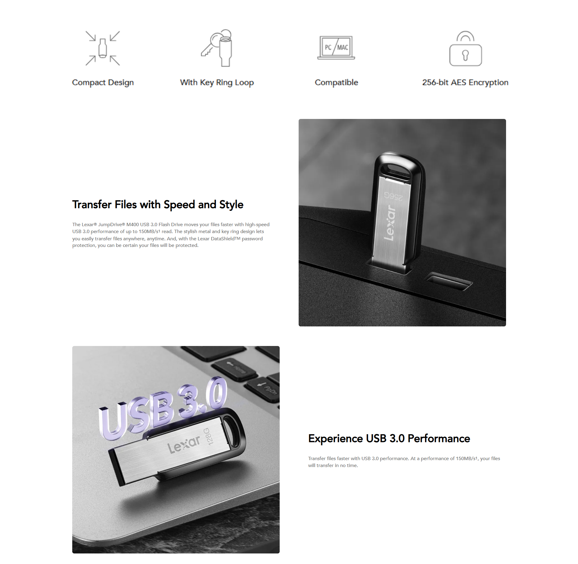 Lexar JumpDrive M400 32GB/64GB/256GB USB 3.0 256-bit AES Encryption ...