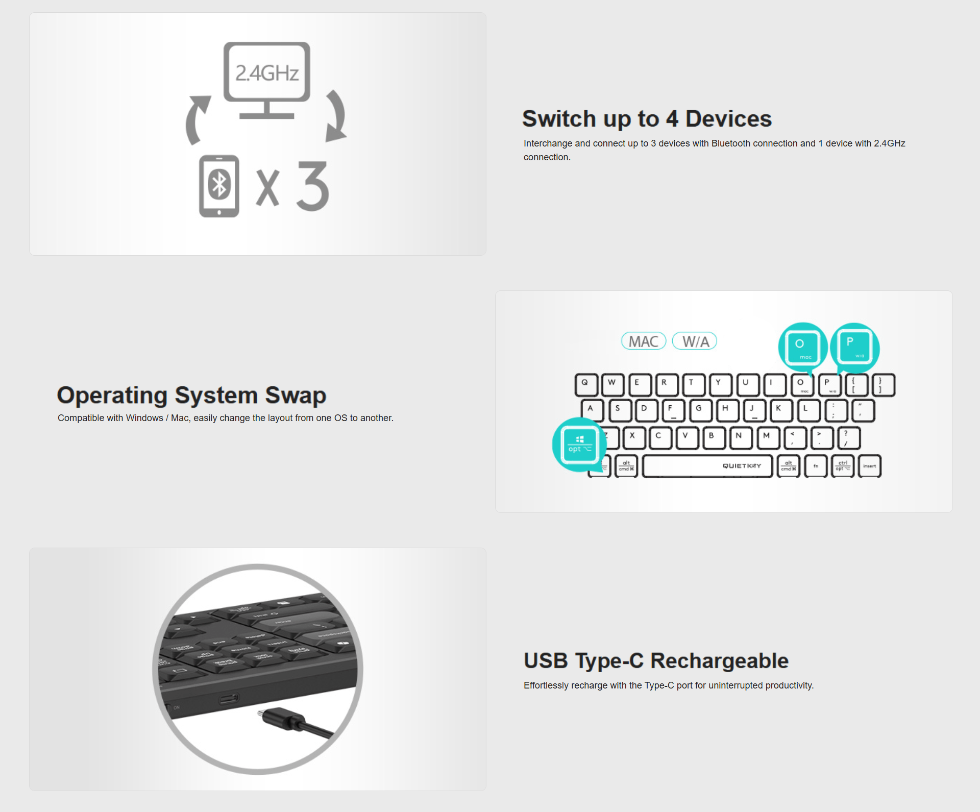 A4Tech FBX55C 125Hz Dual Mode Bluetooth & 2.4G Wireless Keyboard with 6 ...