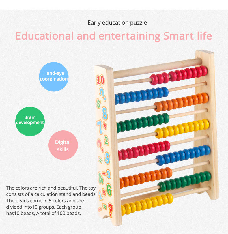 10-Row Wooden Beads Abacus Count Frame Teaching Aid Math Educational ...