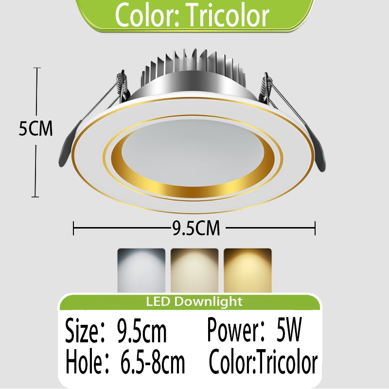 （COD）5W Tricolor LED Downlight Ceiling Light Recessed LED Round ...