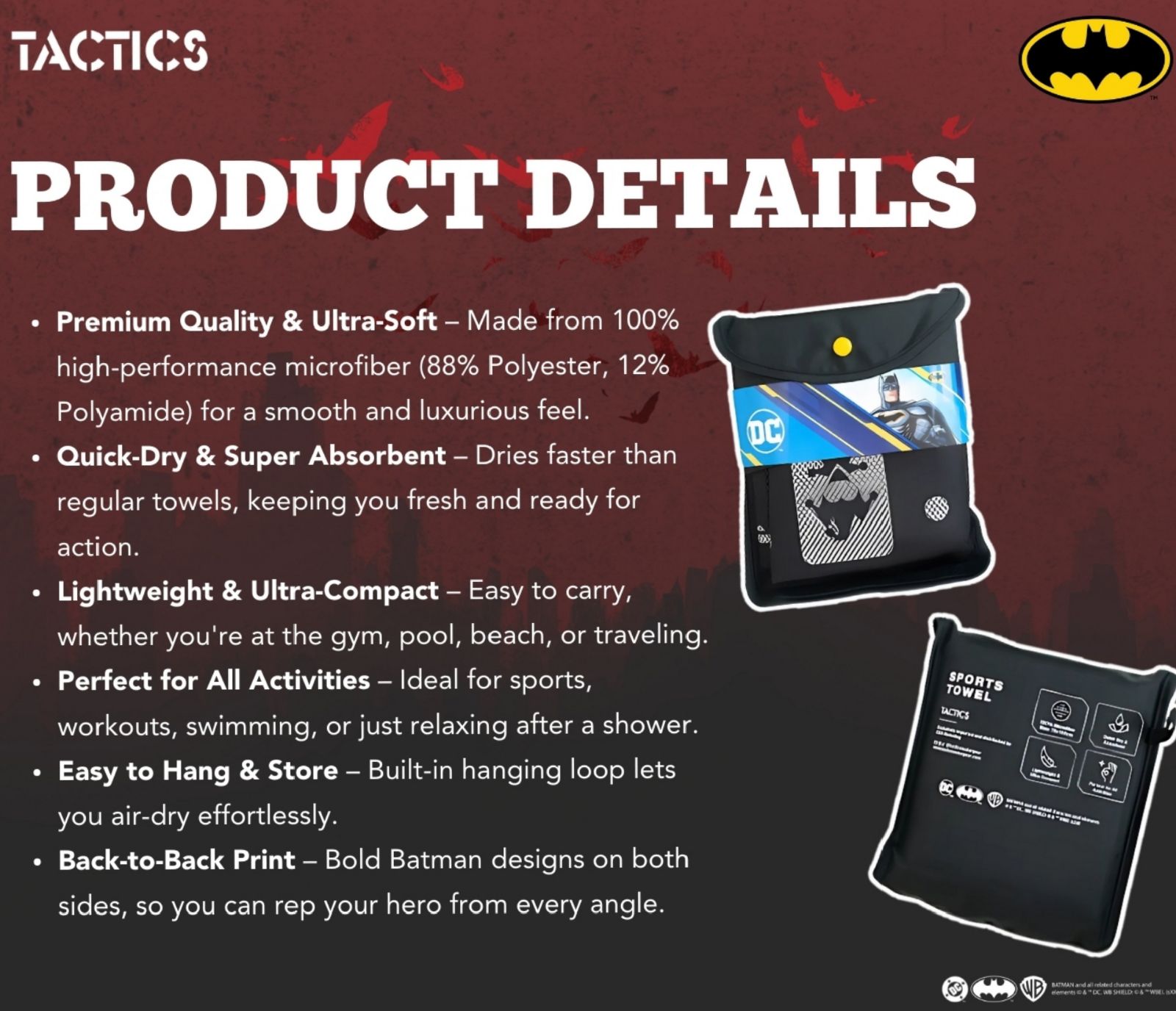 Tactics x Batman DC Dry Fast Microfiber Sports Towels | Shopee Philippines
