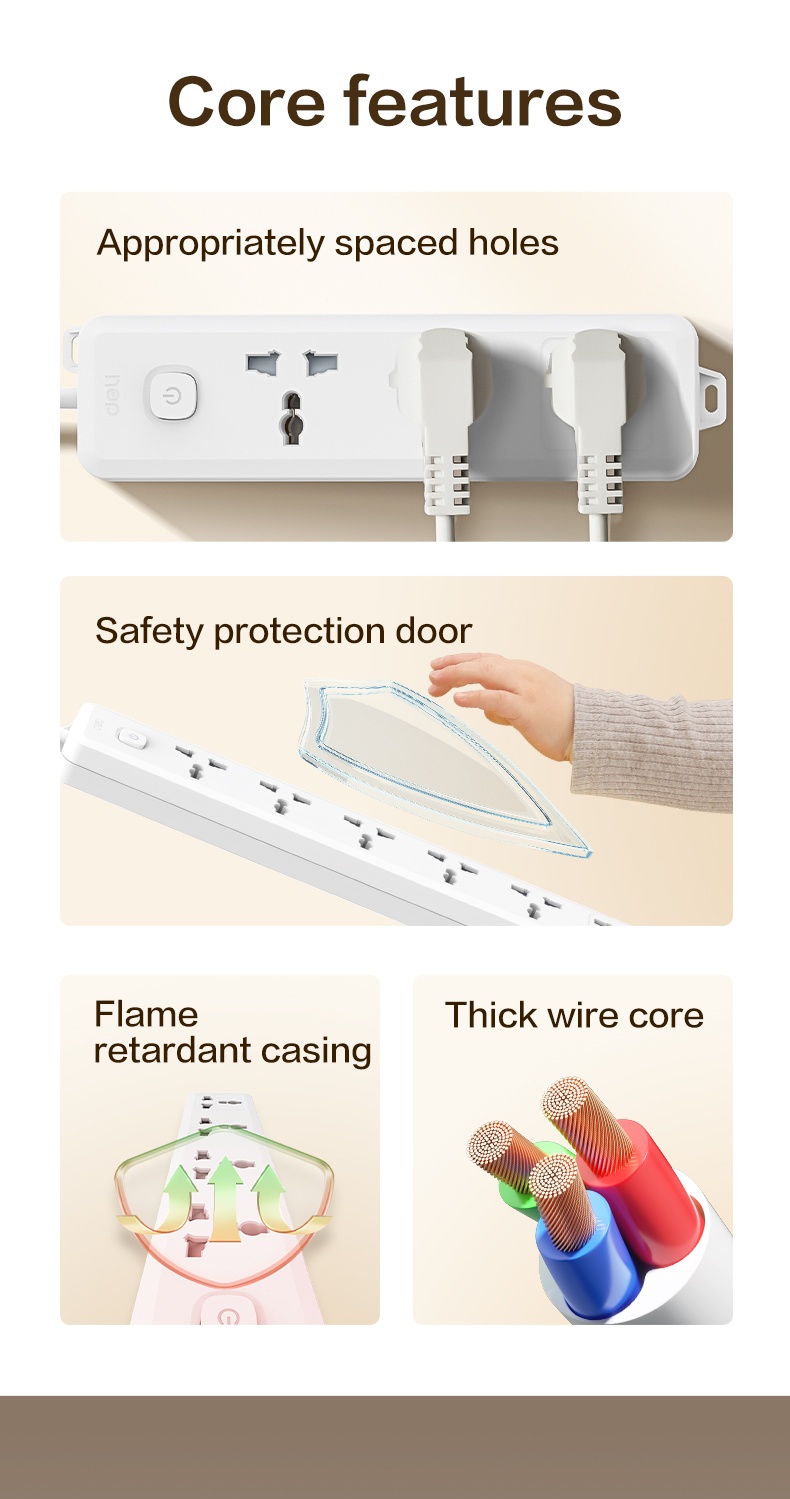 Deli 3/5M Universal Extension Socket Outlets Charger Electric Power ...