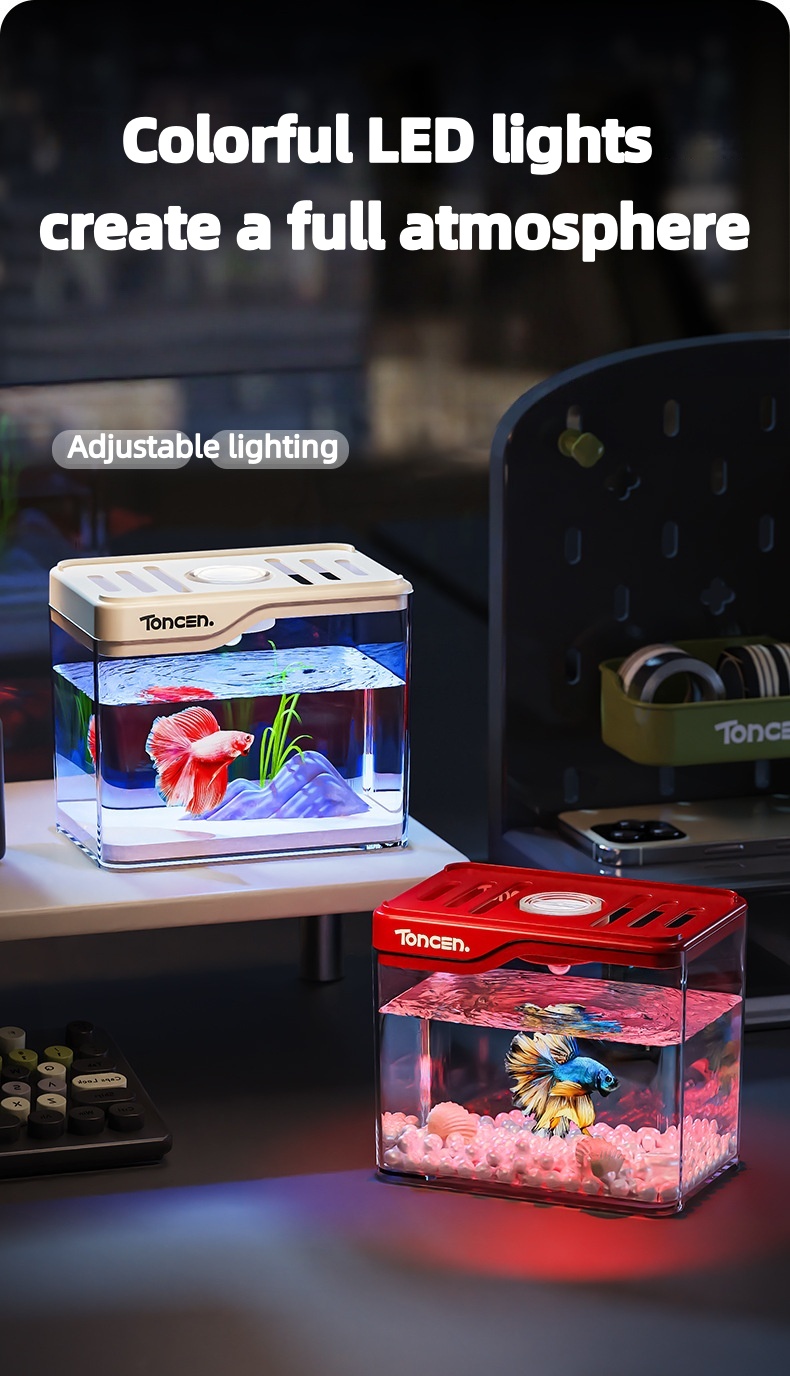 LED Mini Glass Fish Tank Creative Square Ecological Design Desktop Home ...