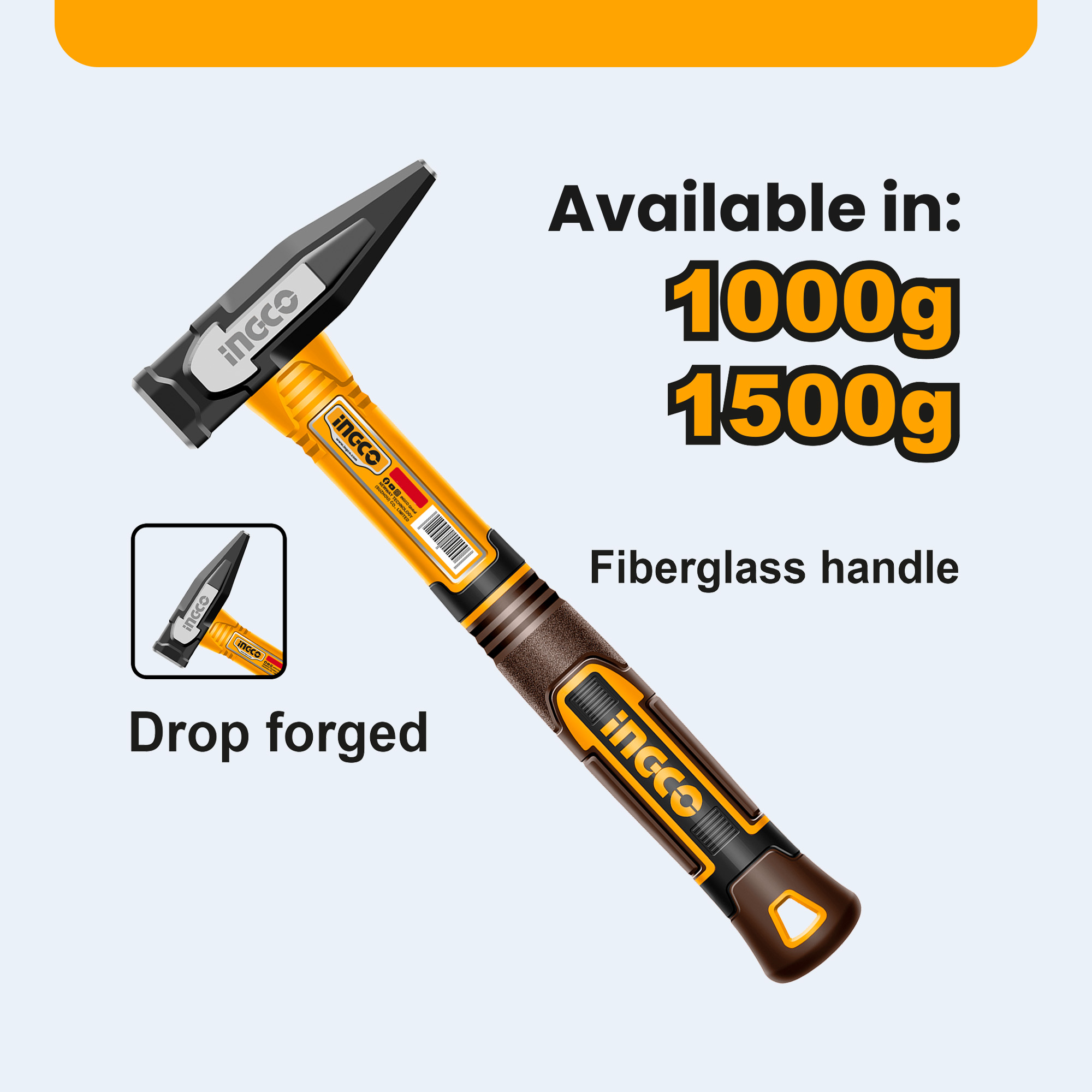 Ingco 1000g-2000g Drop-Forged Machinist Hammer w/ Fiberglass Handle ...