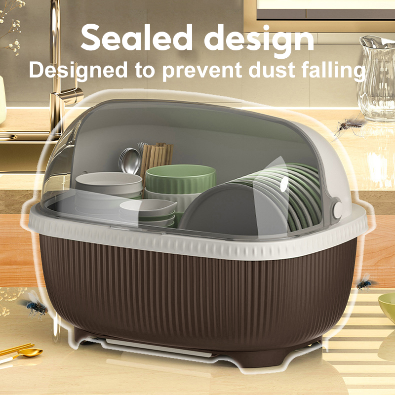 CHIT Dish Rack With Cover Plastic Plate Drainer Organizer Dustproof ...