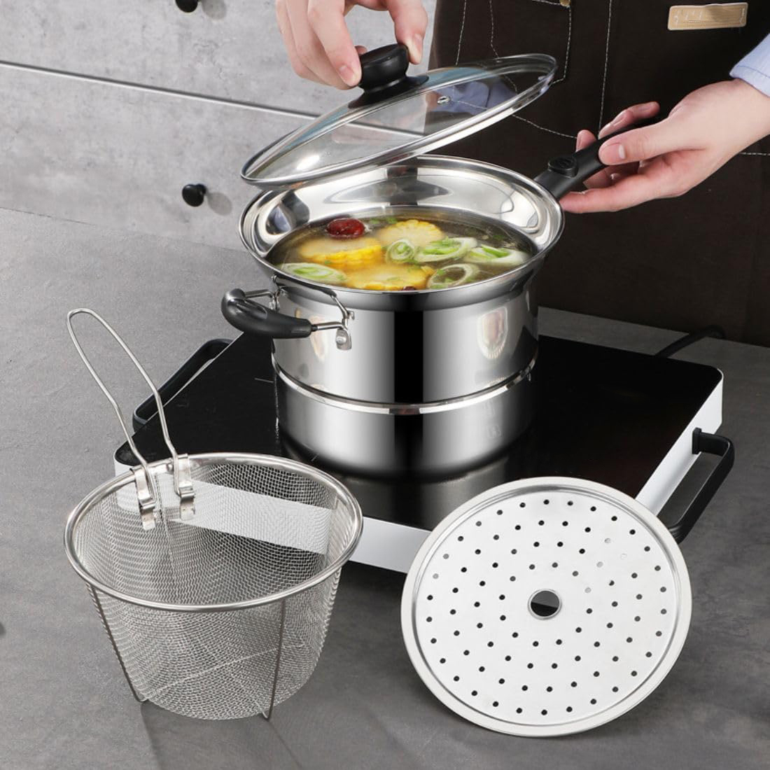 Multifunction Pot 3 in 1 Stainless Steel Steam and Deep Frying Pan ...