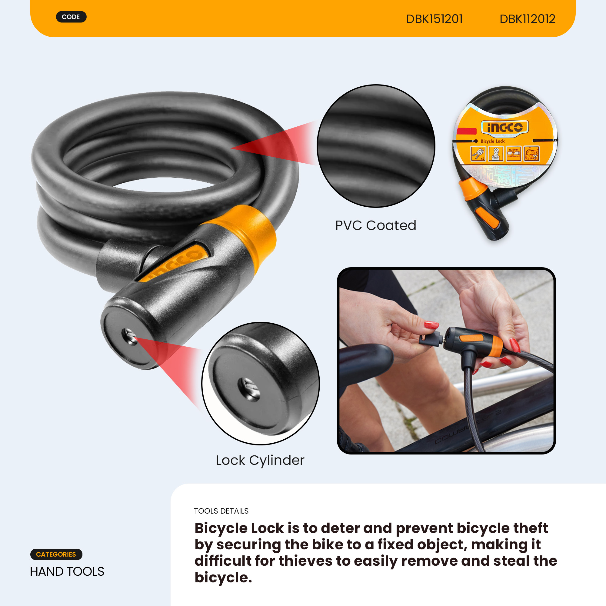 Ingco 15mm/20mm Bicycle Lock Anti-Theft PVC Coated Keyed Security Cable ...