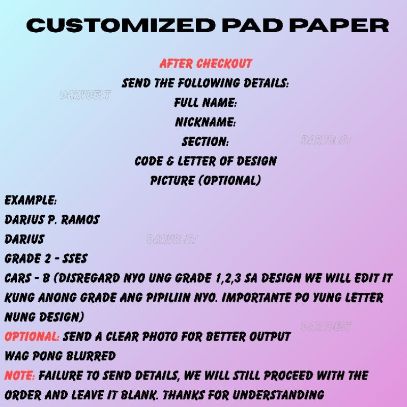 Personalized customized pad paper grade 1,2,3 - 50 sheets customized ...