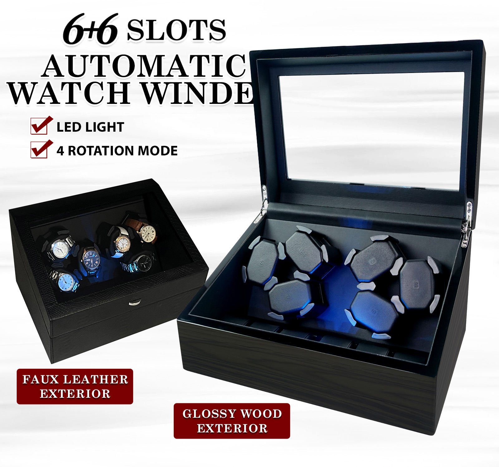6+6 Slot Automatic Watch Winder Leather Storage with Additional Storage ...