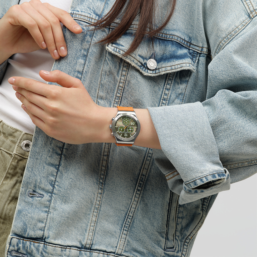 Swatch New Irony Chrono Vacation Time YVS101 Orange Textile Strap Watch ...