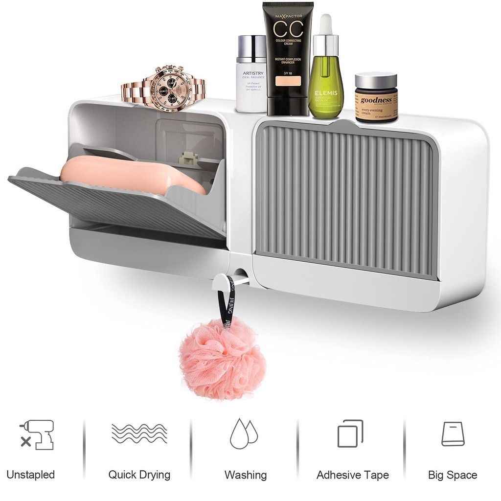 Wall Mounted Soap Holder Bathroom Organizer Dish Box with Drain Cover ...