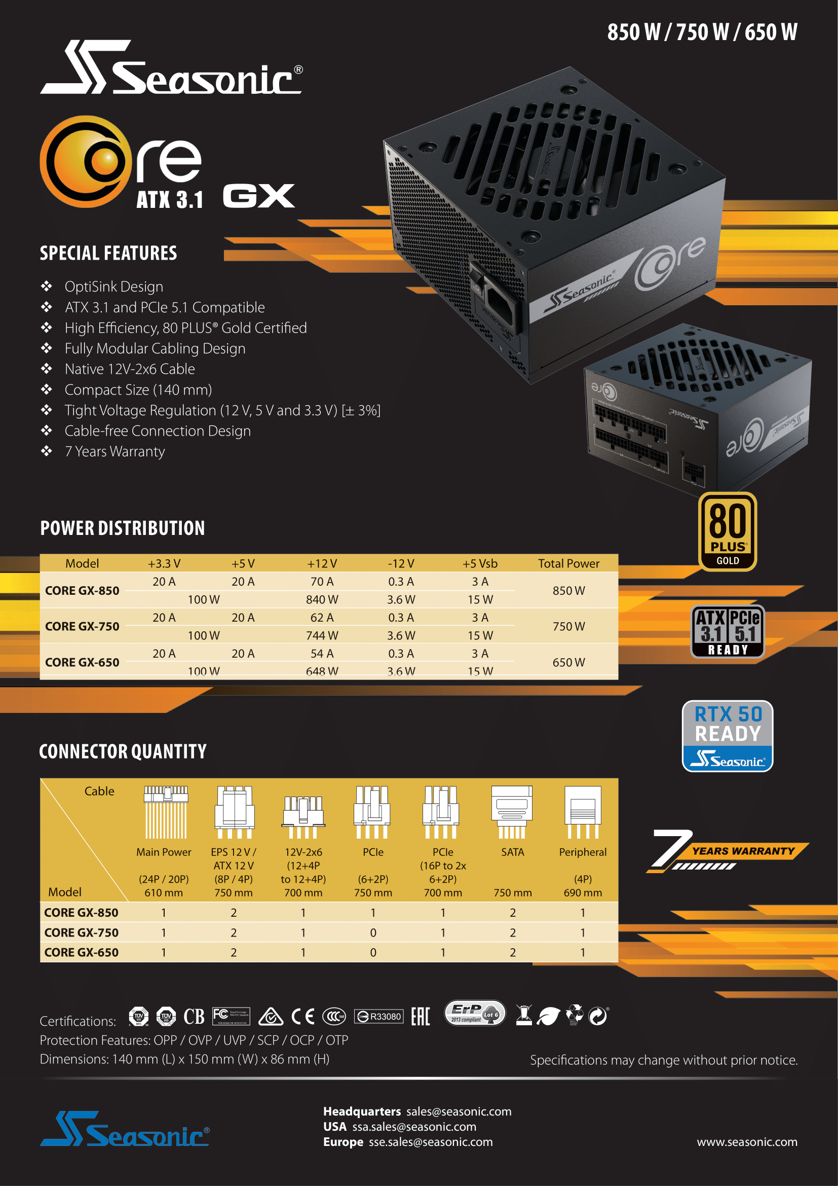 Seasonic Core GX-650 650W 80+ Gold ATX 3.1 PCIE 5.1 Full Modular Power ...