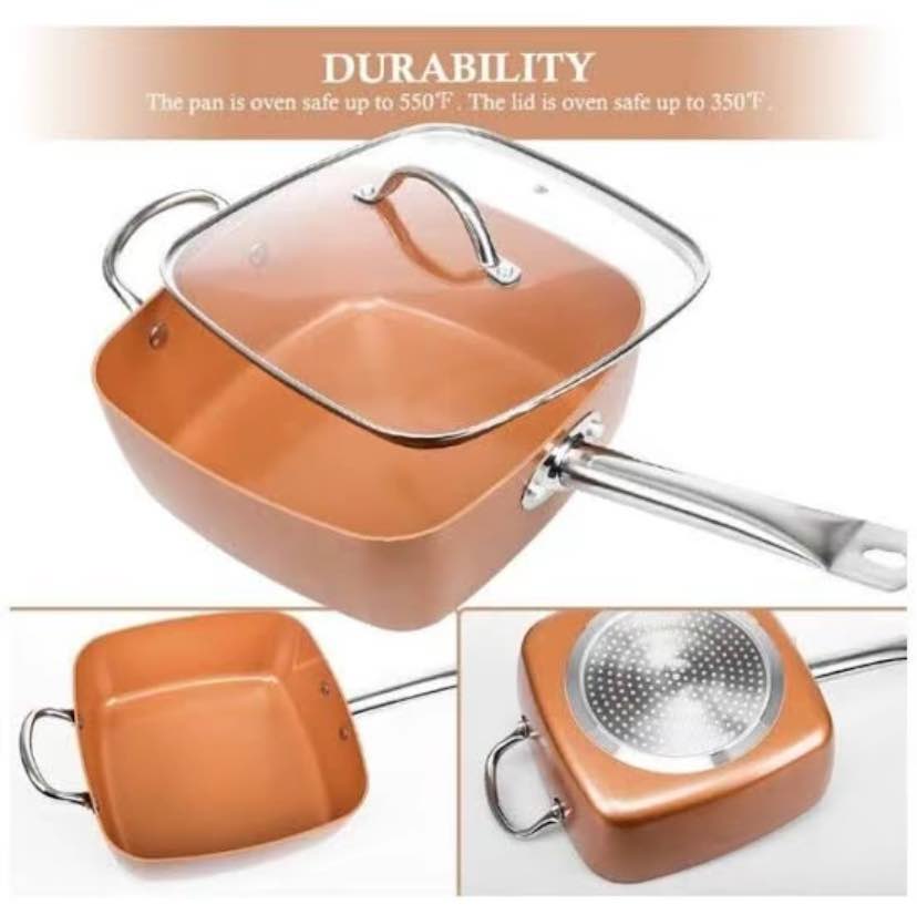 CQW.NO1 Nonstick Copper Square Pan Migas Induction with Glass Lid Fry