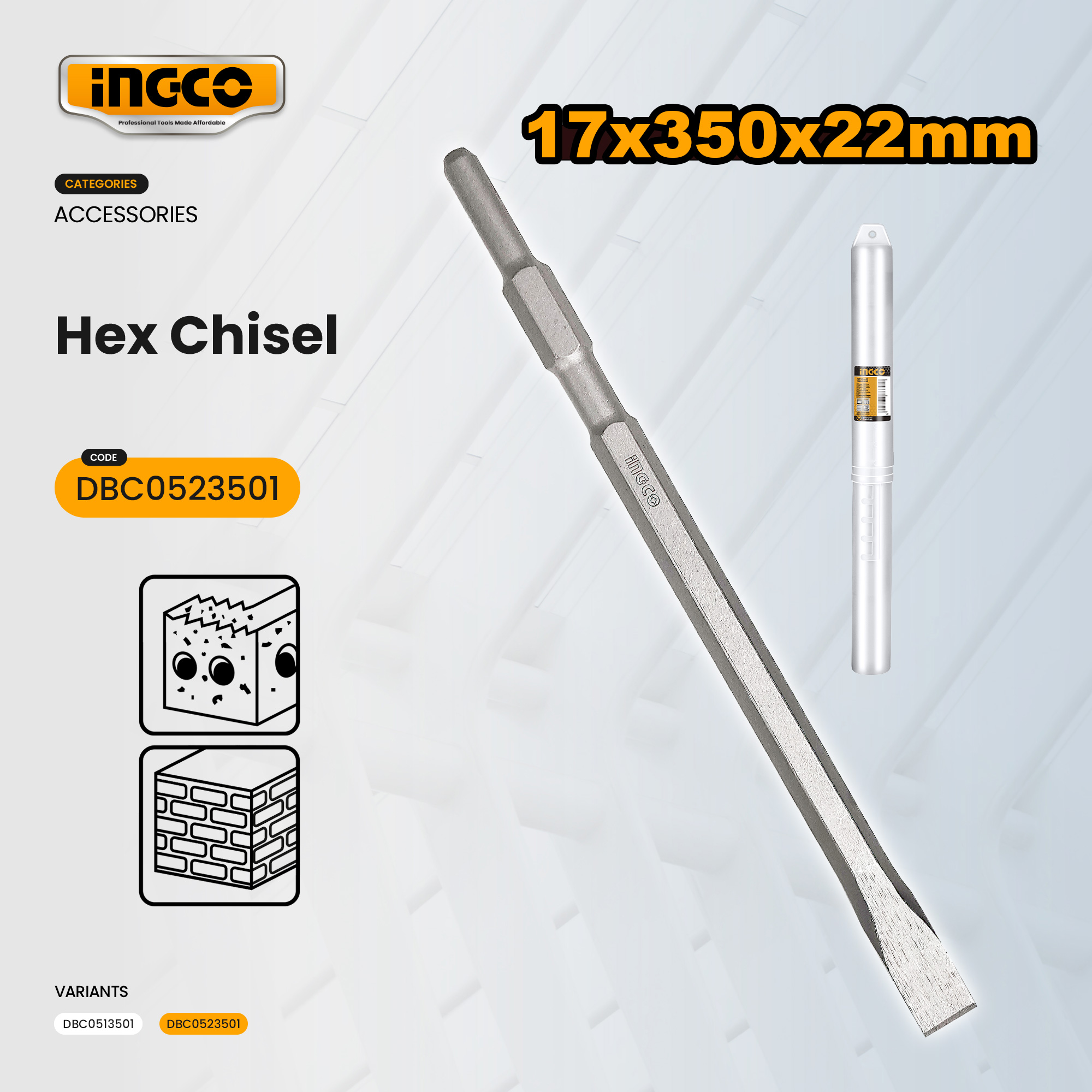 Ingco SDS Hex Chisel 17x350 Flat | Pointed Suitable for PDB13008 ...