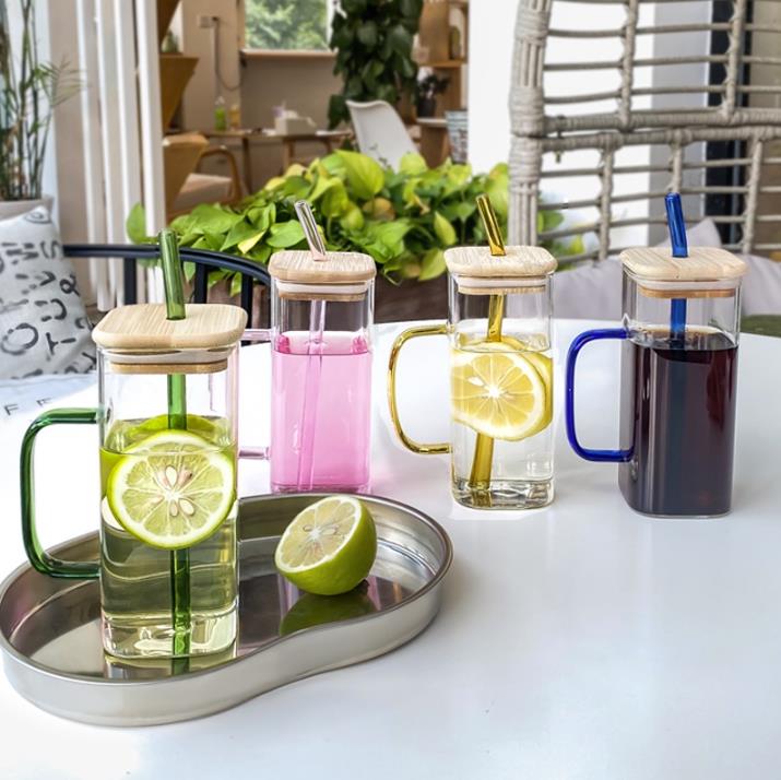 Ulife 400ml Square Glass Drinking Cup with Handle Bamboo Lid and ...