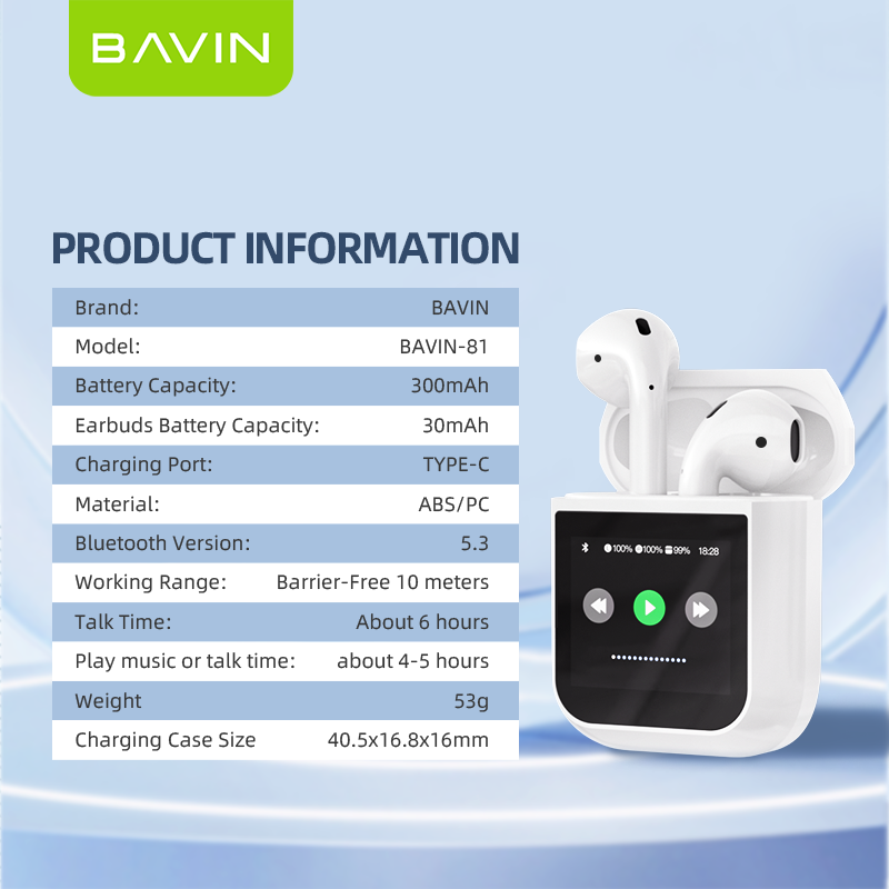 BAVIN BA81 Wireless Bluetooth Earbuds w/ LCD Smart Touch Screen Display ...