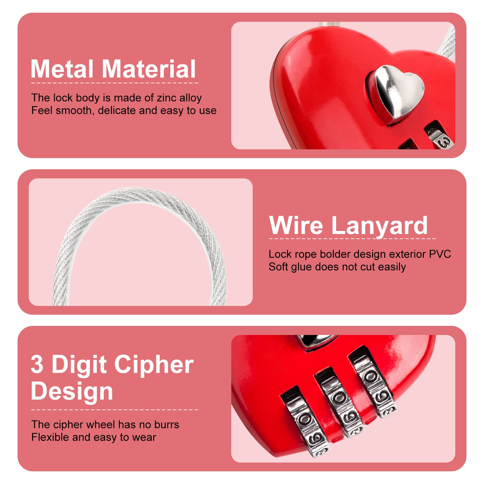 Mini Heart Shaped Padlock Wire Rope 3-Digit Combination Locker ...