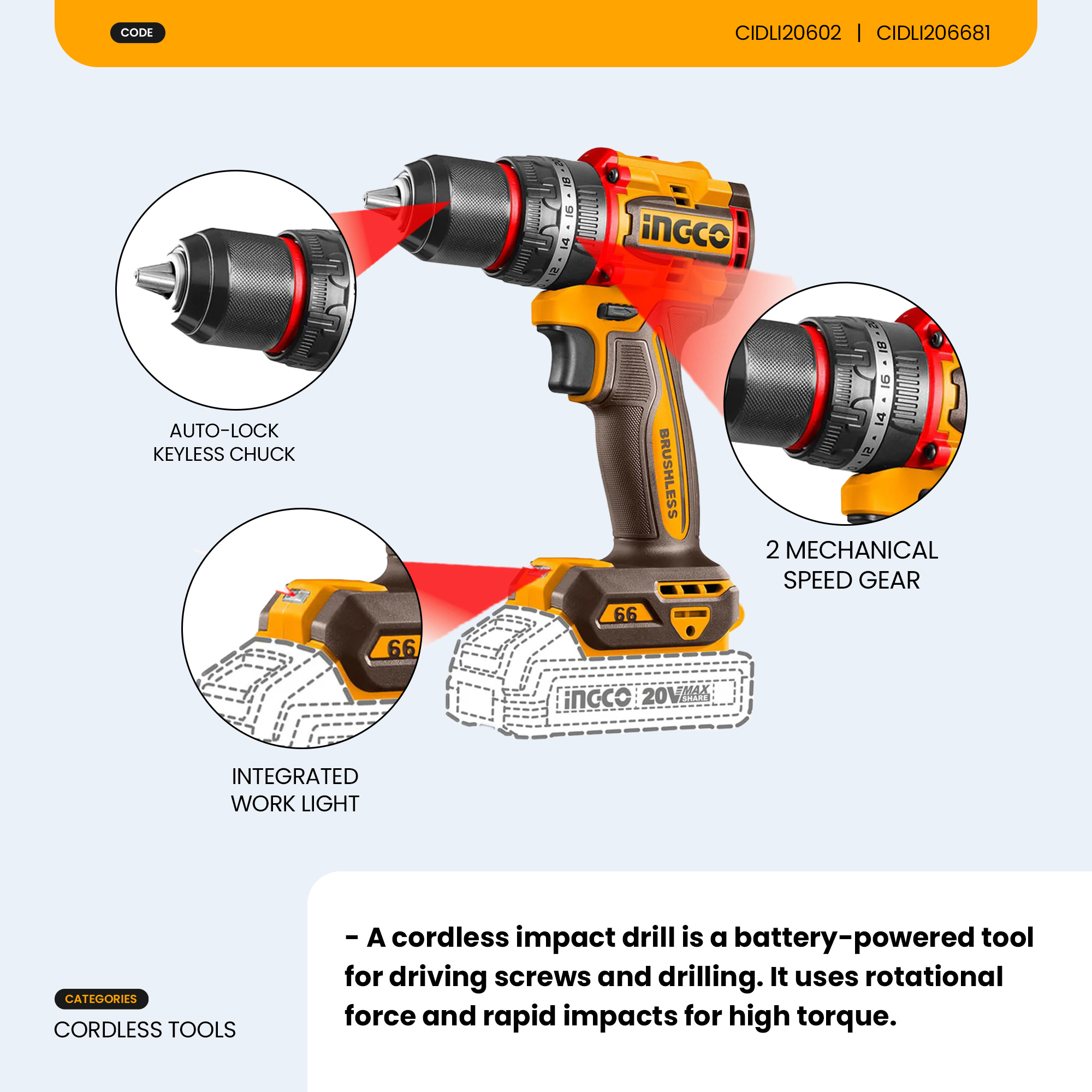 Ingco 20V Brushless Cordless Impact Drill (Set/Bare Unit) / 60Nm Drill ...