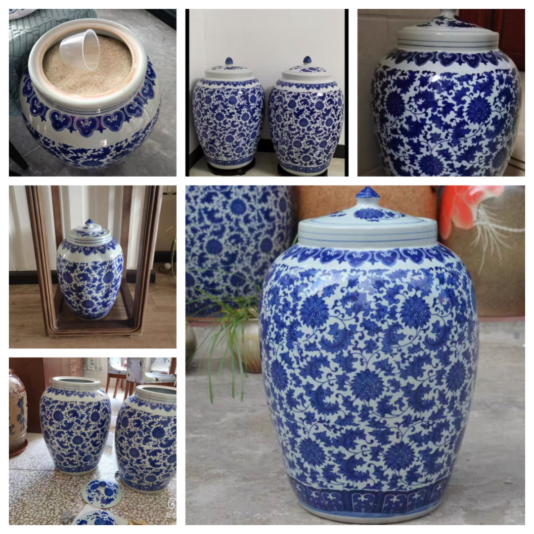 10/25/50kg ceramic rice dispenser blue and white porcelain cereal food ...