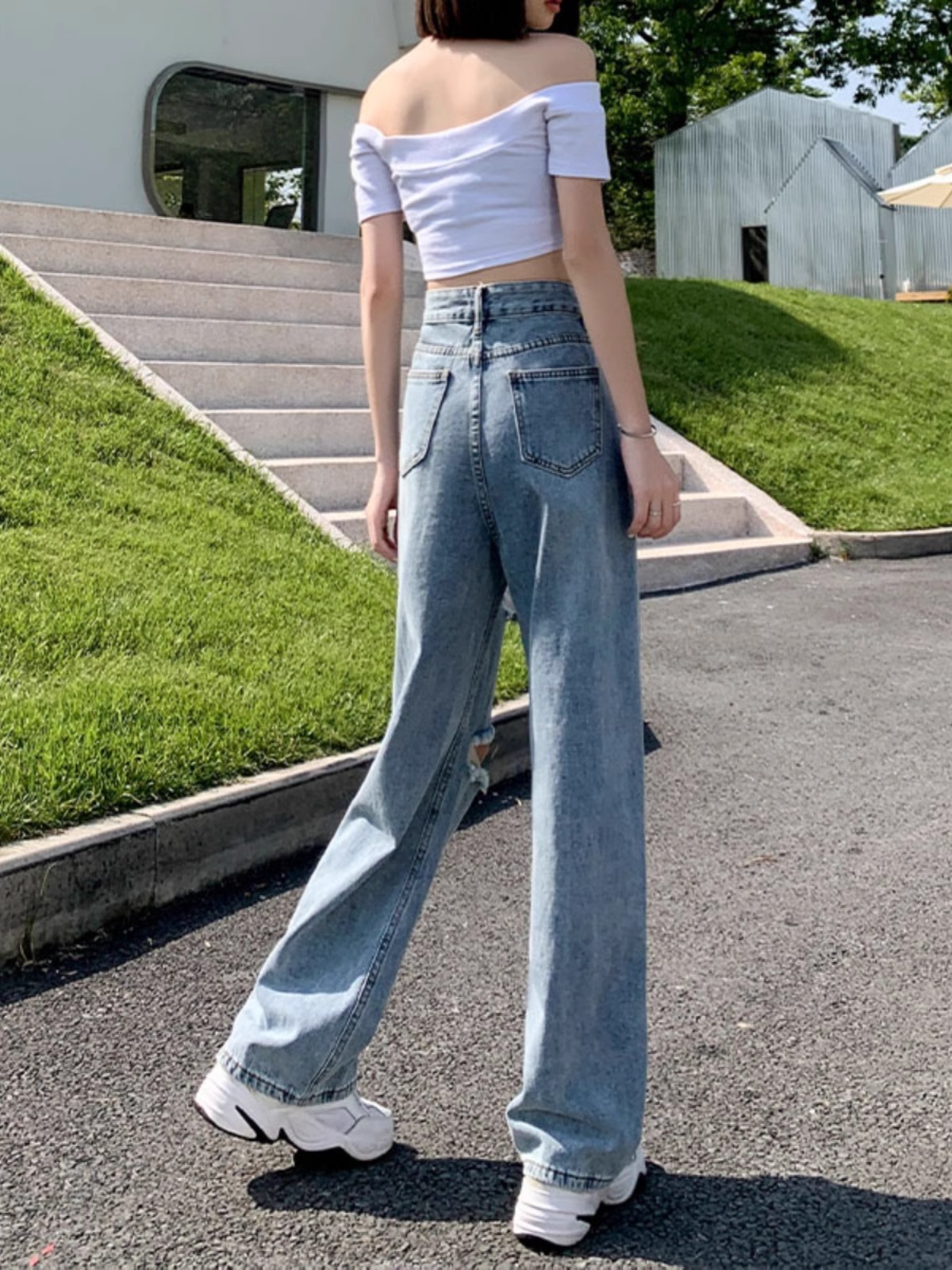 S-5XL~Long Ripped jeans blue denim straight wideleg loose Korean ...