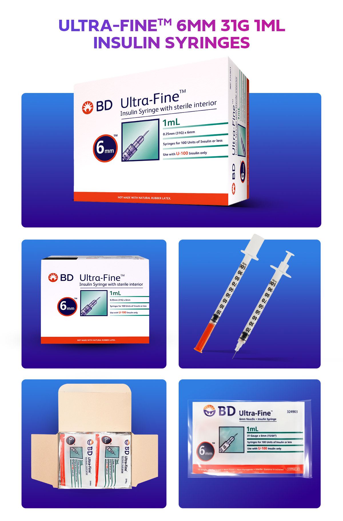 BD Ultra Fine 6mm Insulin Syringe 1ml/cc (100 pcs box) (10x10 pouch ...