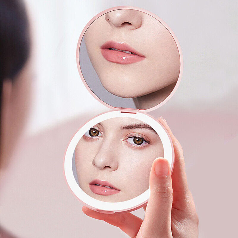 USB Rechargeable Handy Round LED Mirror 2X Magnifying Portable LED ...