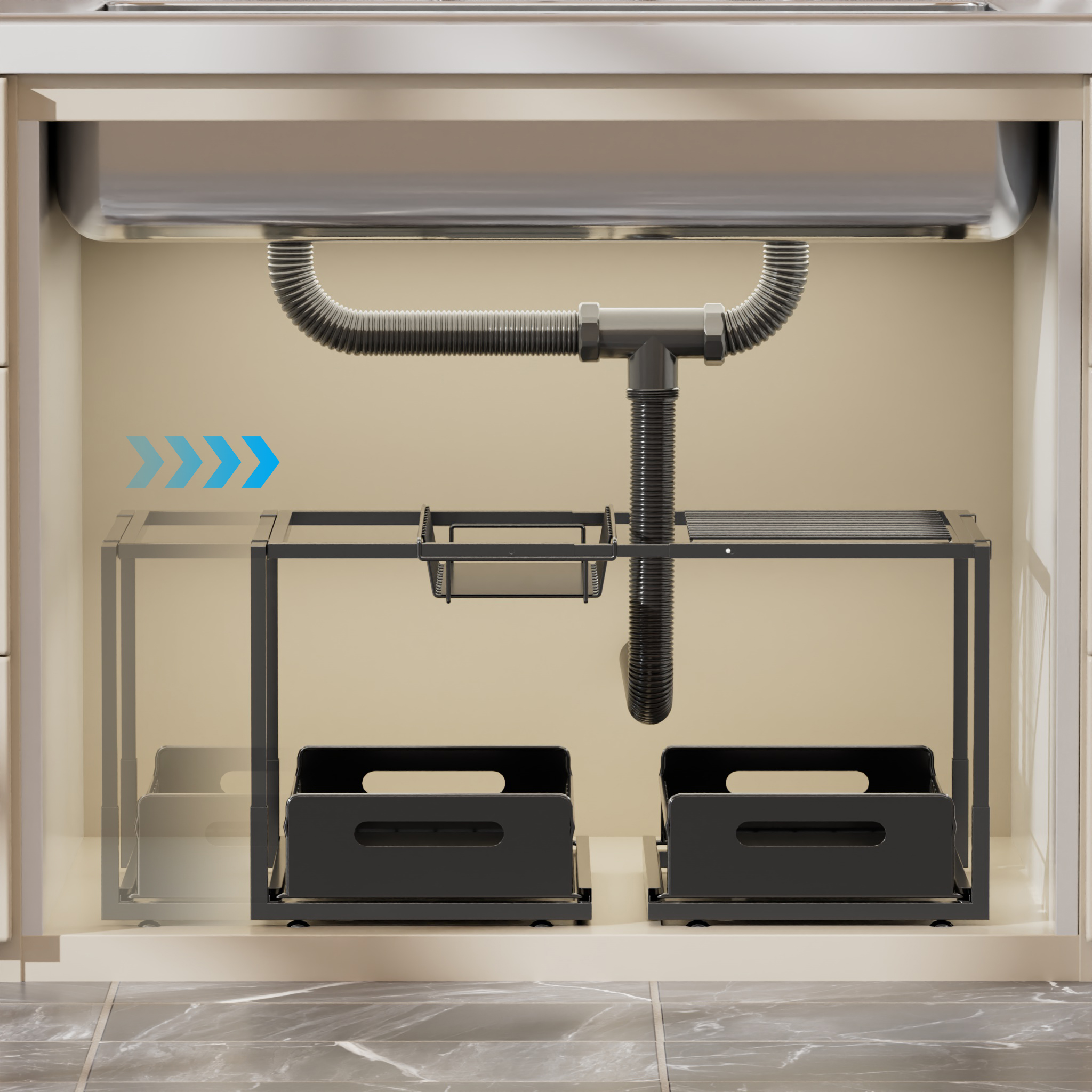Kitchen Under Sink Storage Rack Adjustable Shelf 2-Tier Pullout Drawer ...