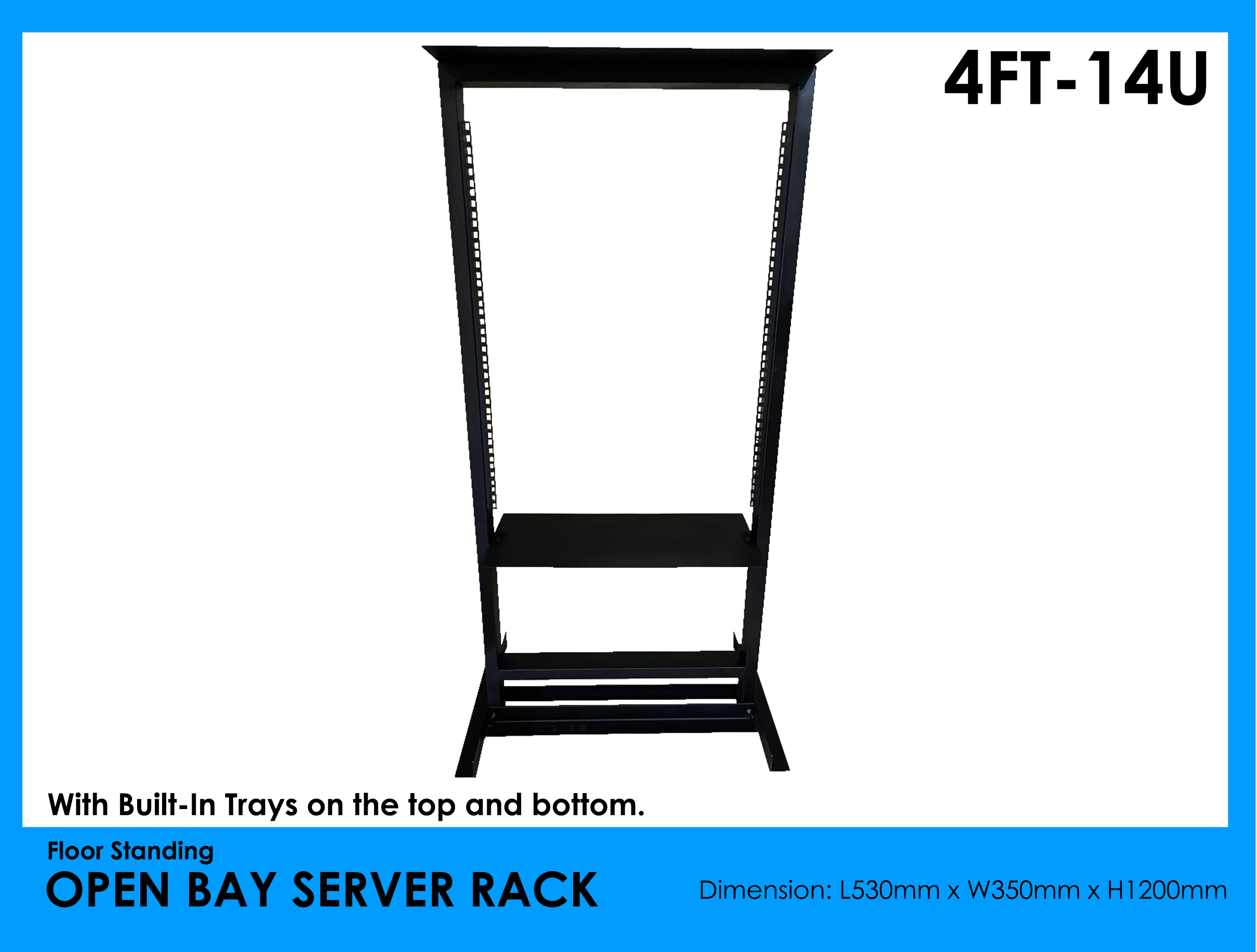 4ft Open bay server rack 14U with Built-In Tray on the top and bottom ...