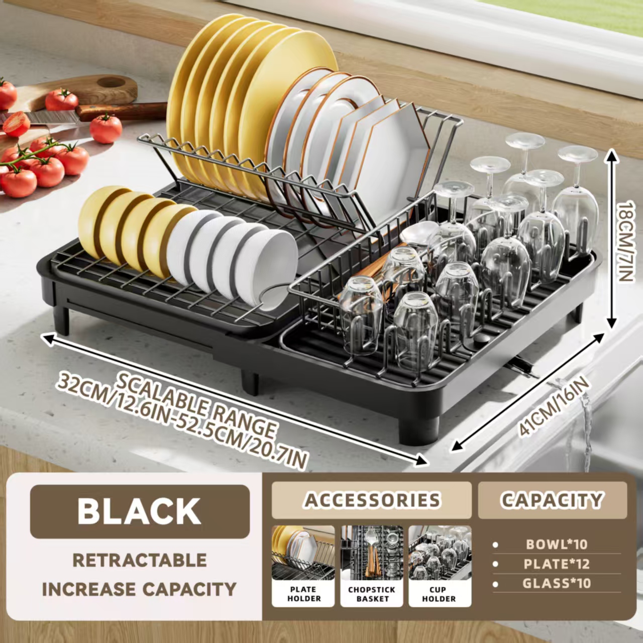 Kitchen Dish Rack Black Dish Drainer Rack Retractable Dish Drying ...